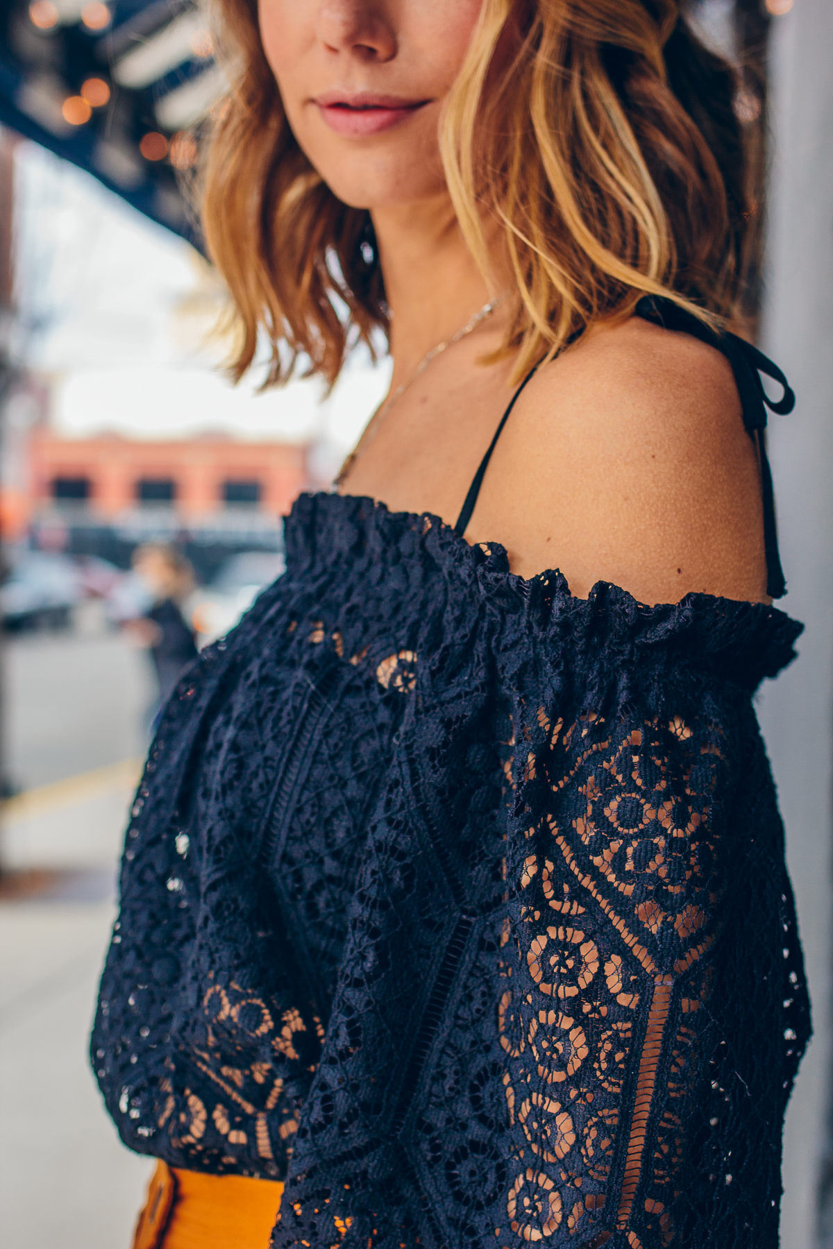 lace off the shoulder top, festival style, spring outfit idea — via @TheFoxandShe