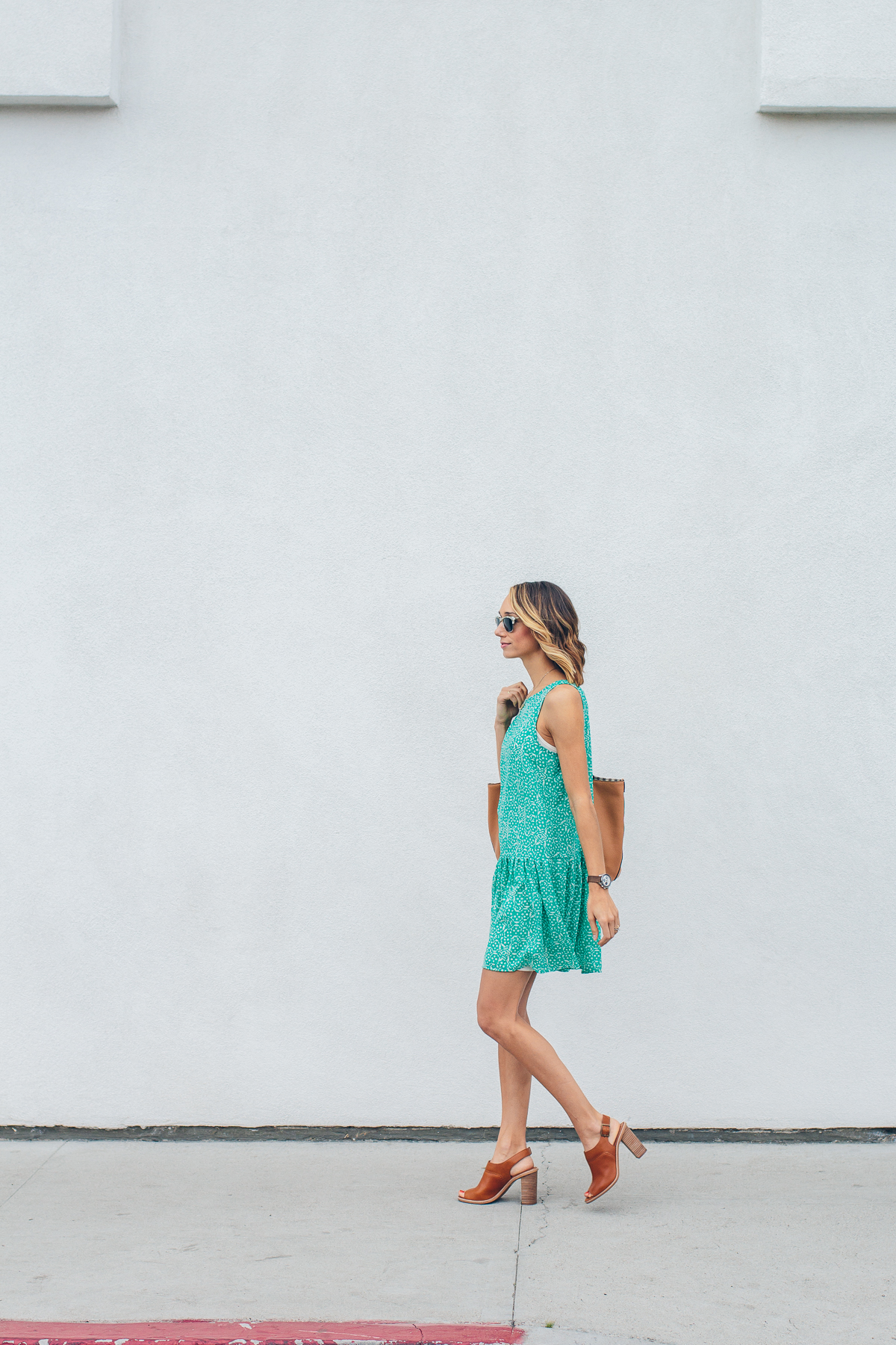 cupcakes and cashmere dress, drop waist dress, tan mules, summer outfit, tassel tote bag — via @TheFoxandShe