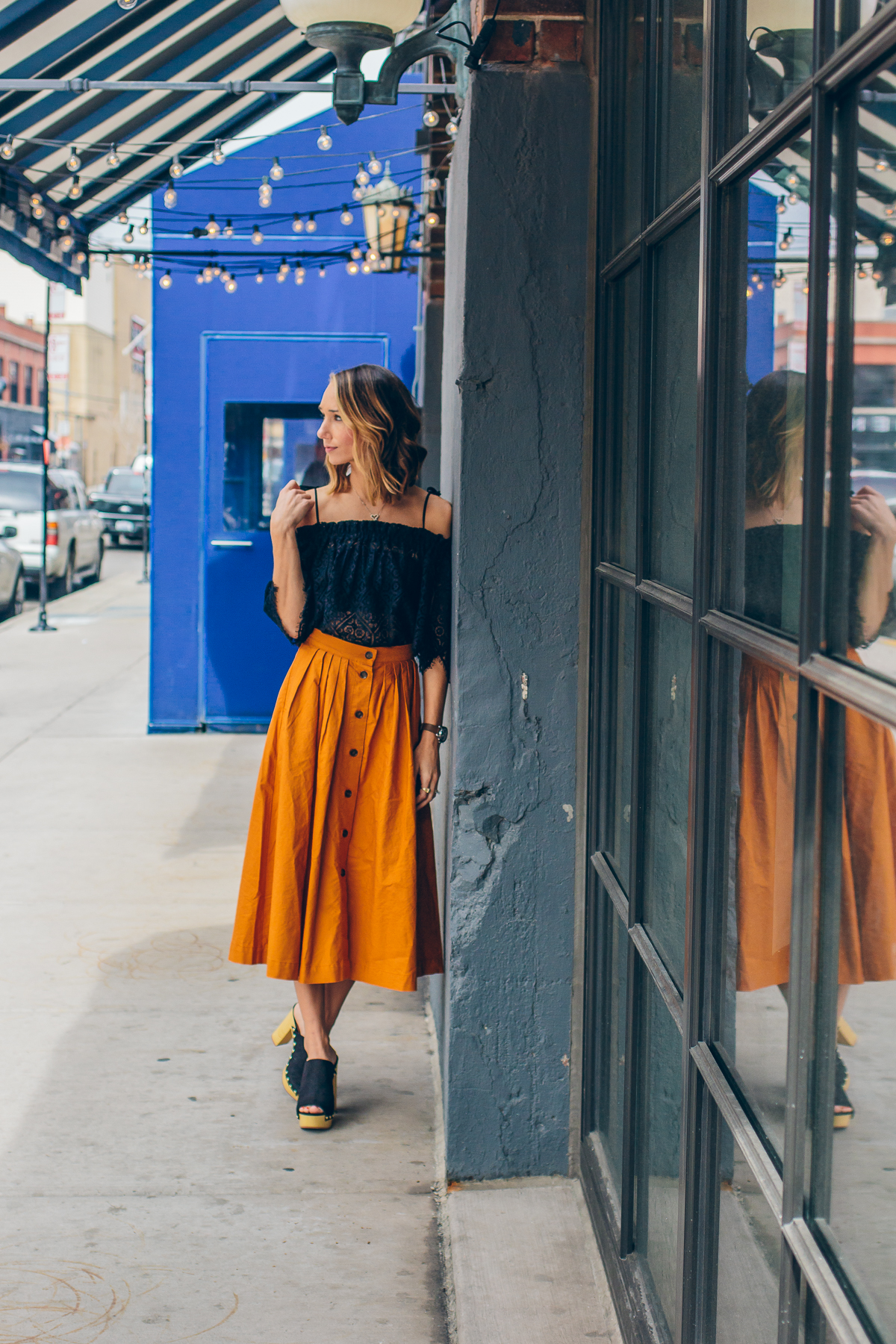 midi skirt, lace off the shoulder top, festival outfit, platform mules, spring outfit idea — via @TheFoxandShe