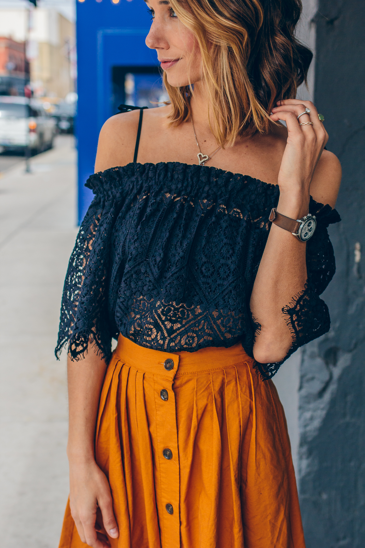 lace off the shoulder top, festival style, buttoned midi skirt — via @TheFoxandShe