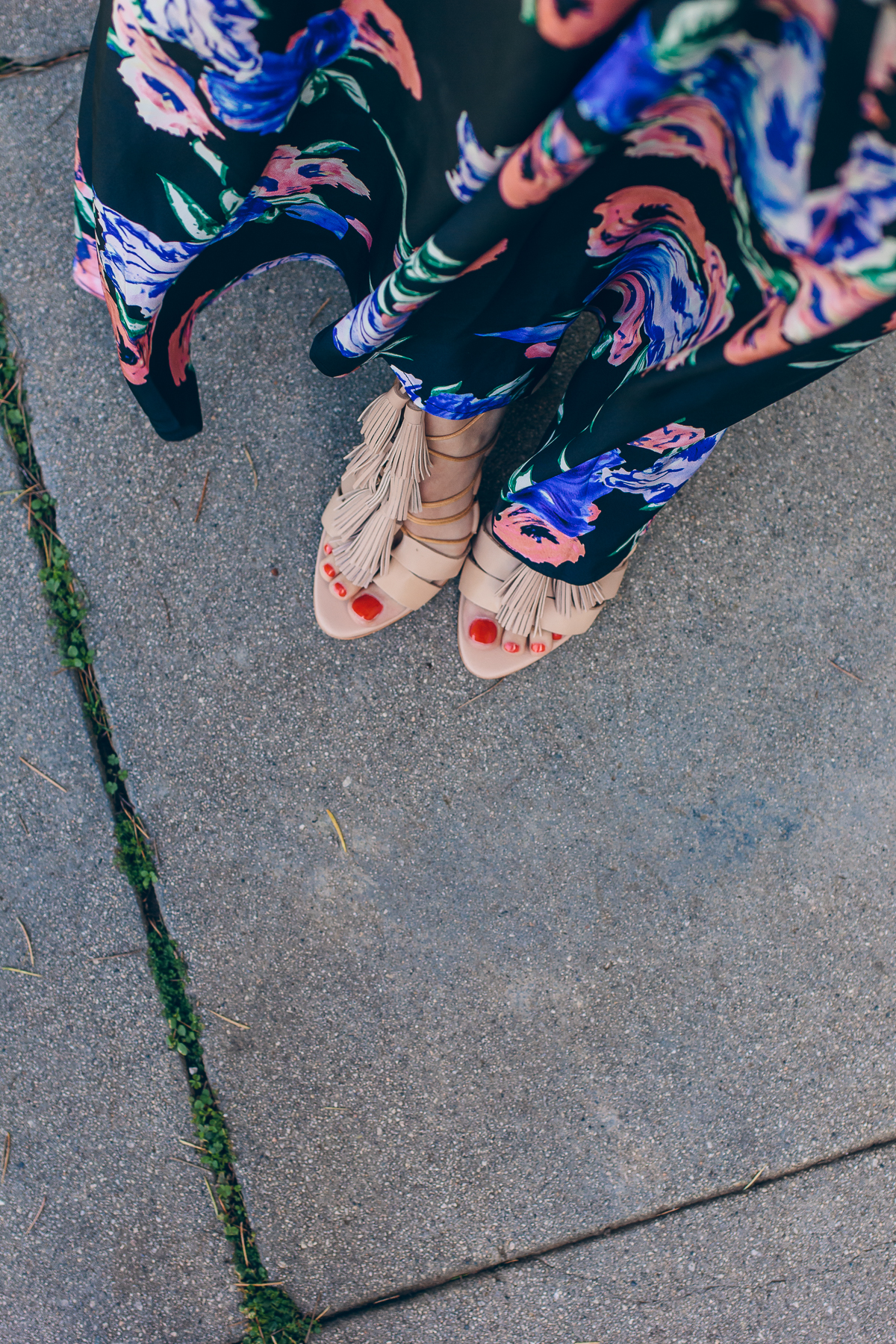 floral wrap dress, tassel sandals, luz tassel sandals — via @TheFoxandShe