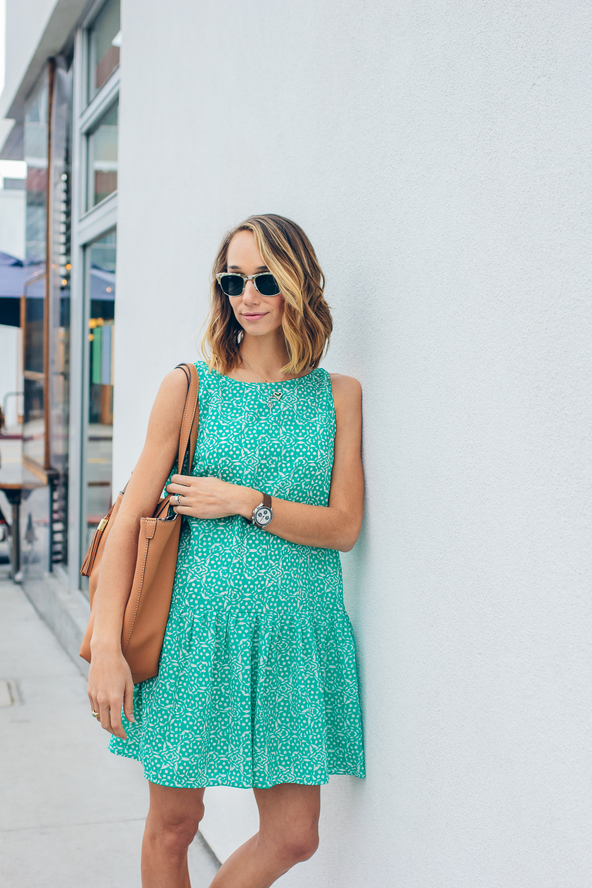 cupcakes and cashmere dress, drop waist dress, tan mules, summer outfit, tassel tote bag — via @TheFoxandShe