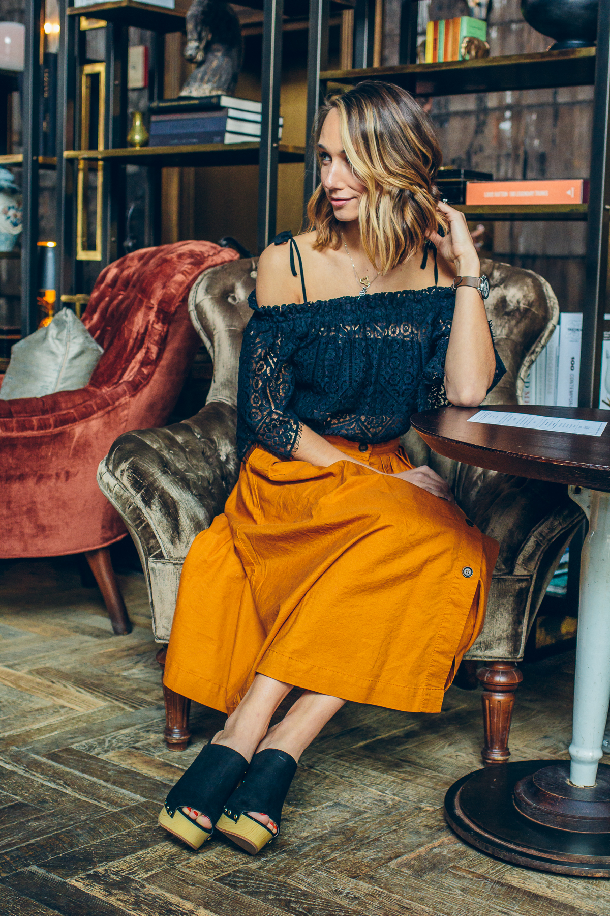 midi skirt, lace off the shoulder top, platform mules, spring outfit idea — via @TheFoxandShe