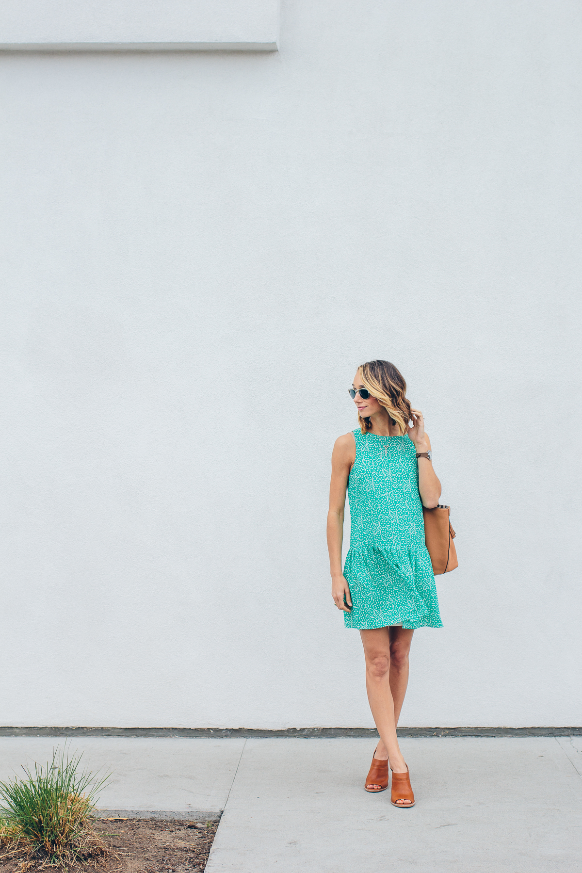 cupcakes and cashmere dress, drop waist dress, tan mules, summer outfit, tassel tote bag — via @TheFoxandShe
