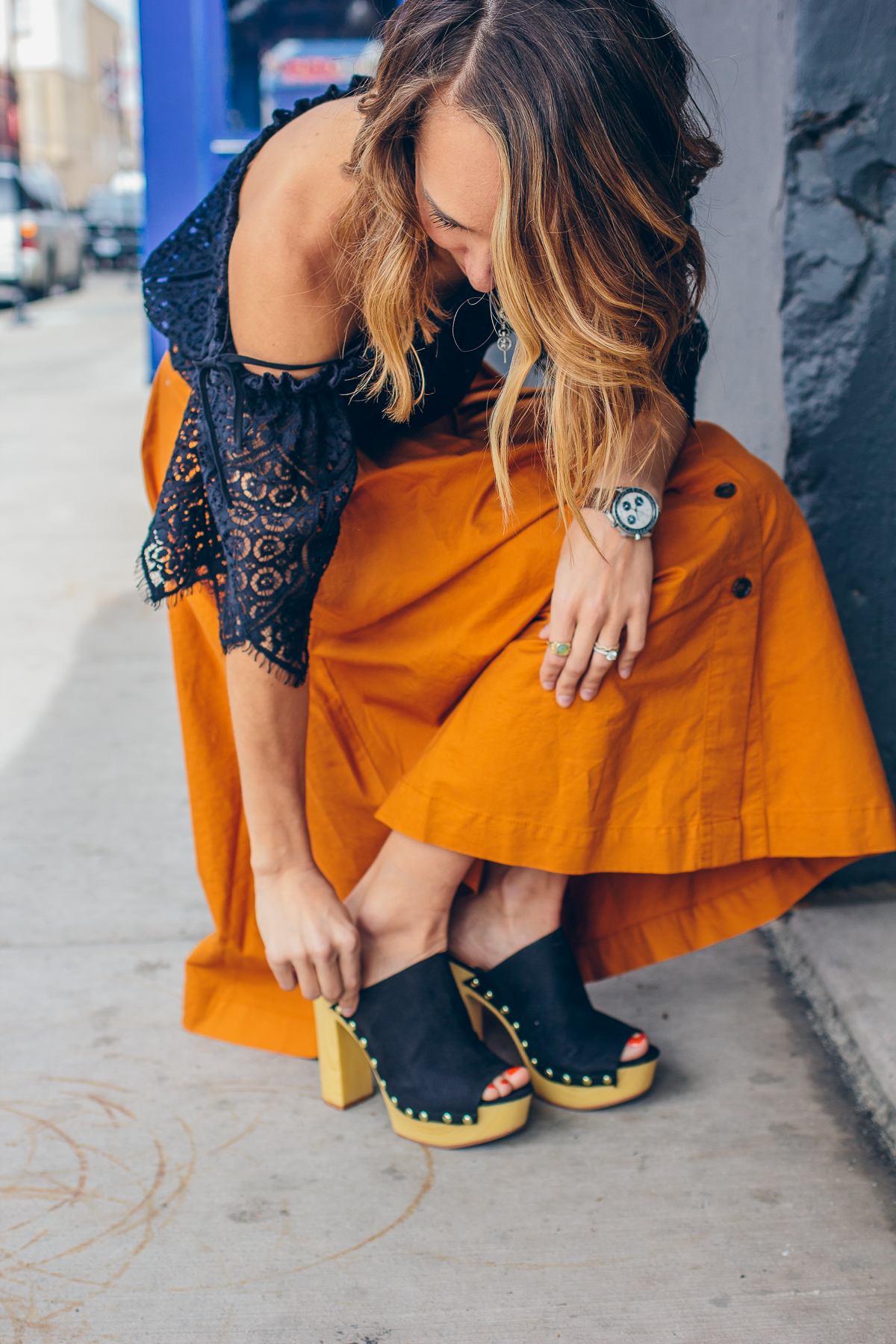 midi skirt, lace off the shoulder top, platform mules, spring outfit idea — via @TheFoxandShe