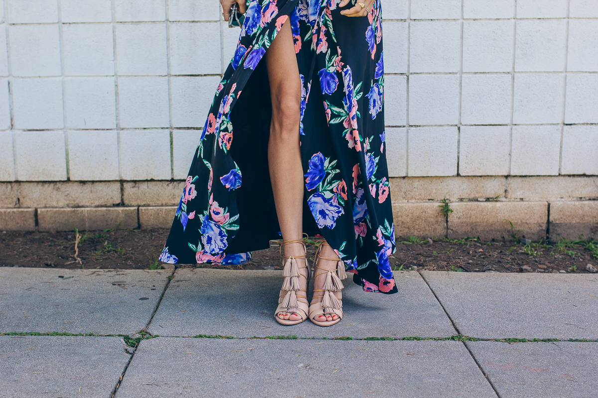 floral wrap dress, tassel sandals, luz tassel sandals — via @TheFoxandShe