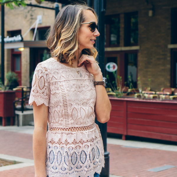 lace peplum top, ripped jeans, long bob — via @TheFoxandShe