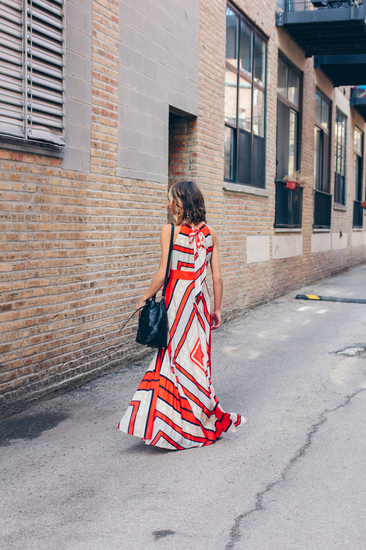 patterned maxi dress, welden bucket bag, summer outfit, eliza j dress, street style — via @TheFoxandShe