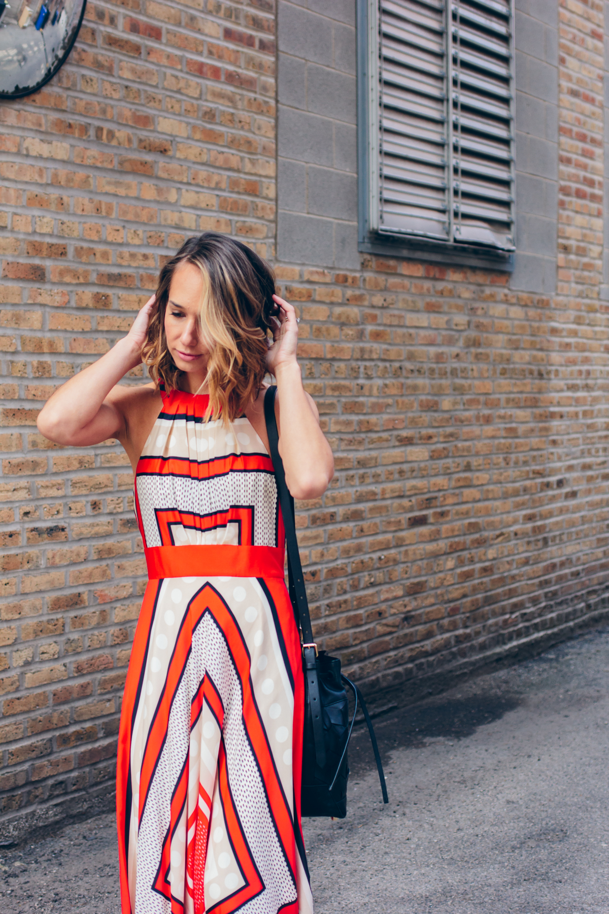 patterned maxi dress, welden bucket bag, summer outfit, eliza j dress, street style — via @TheFoxandShe