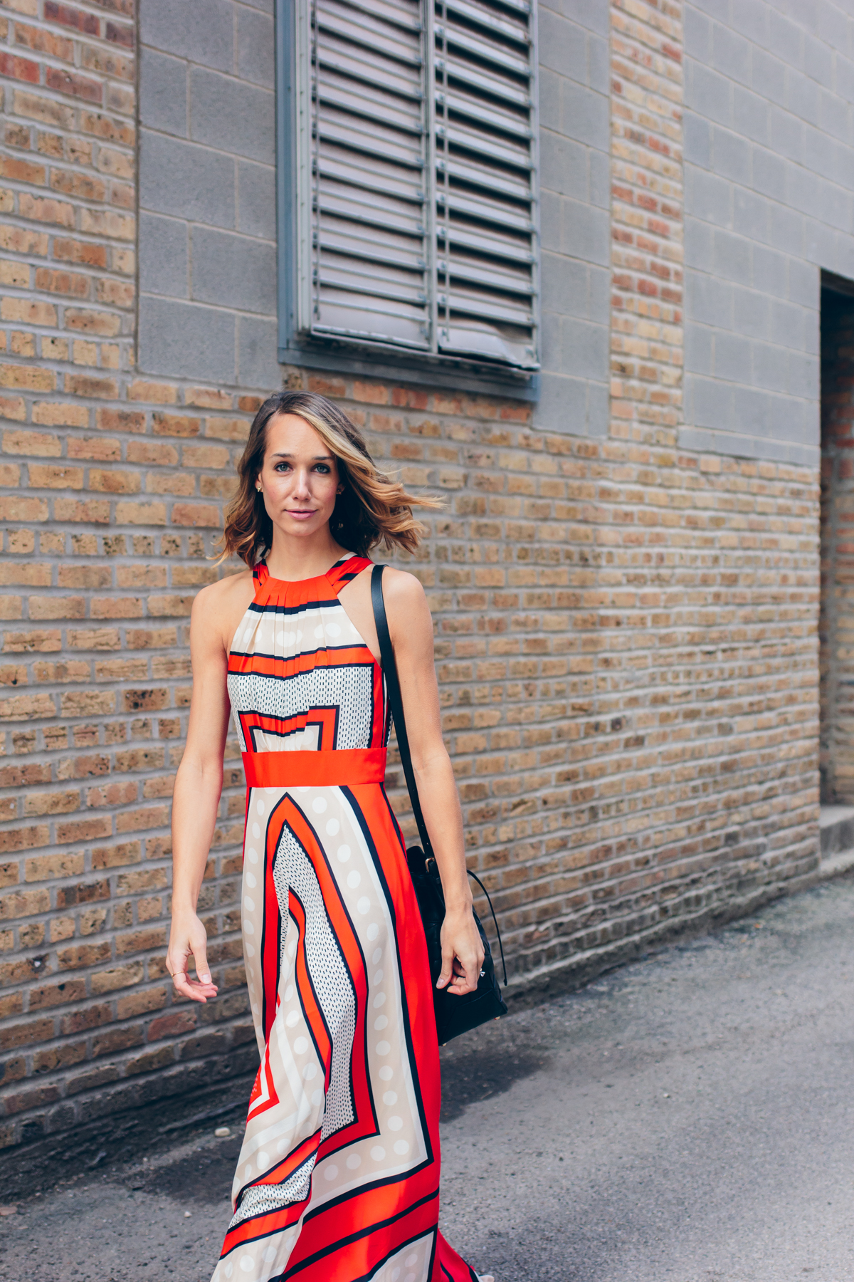 patterned maxi dress, welden bucket bag, summer outfit, eliza j dress, street style — via @TheFoxandShe