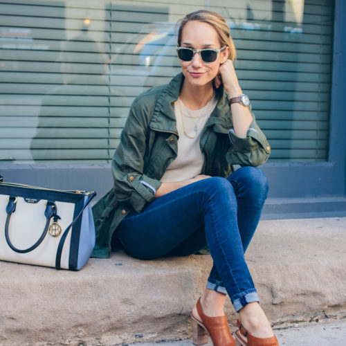 military jacket, colorblock purse, casual outfit, blogger style, fringe top, tan mules — The Fox & She