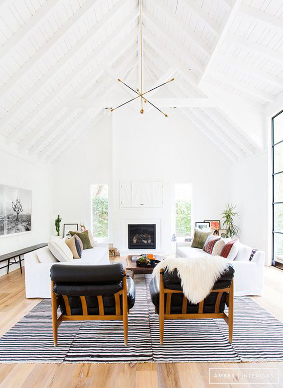 a-frame ceiling, all white living room