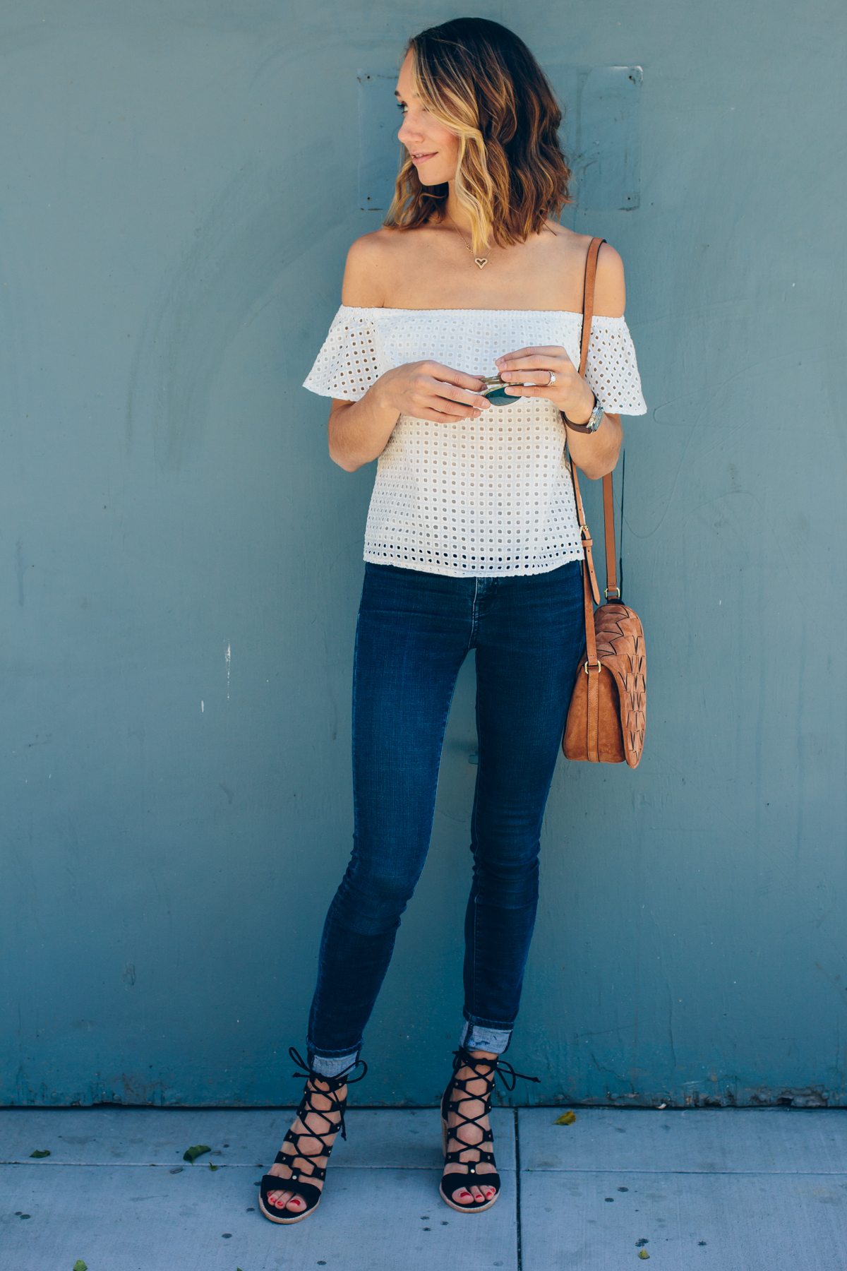 off shoulder top, white shirt and jeans, lace up sandals — via @TheFoxandShe