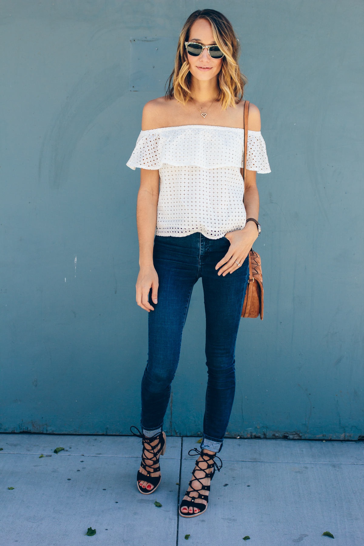 off shoulder top, street style,  white shirt and jeans, lace up sandals, welden saddle bag — via @TheFoxandShe