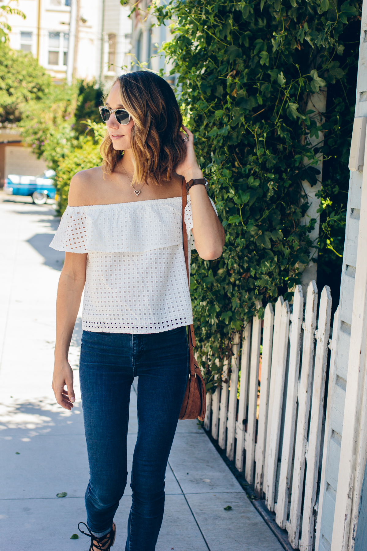 off shoulder top, white shirt and jeans — via @TheFoxandShe