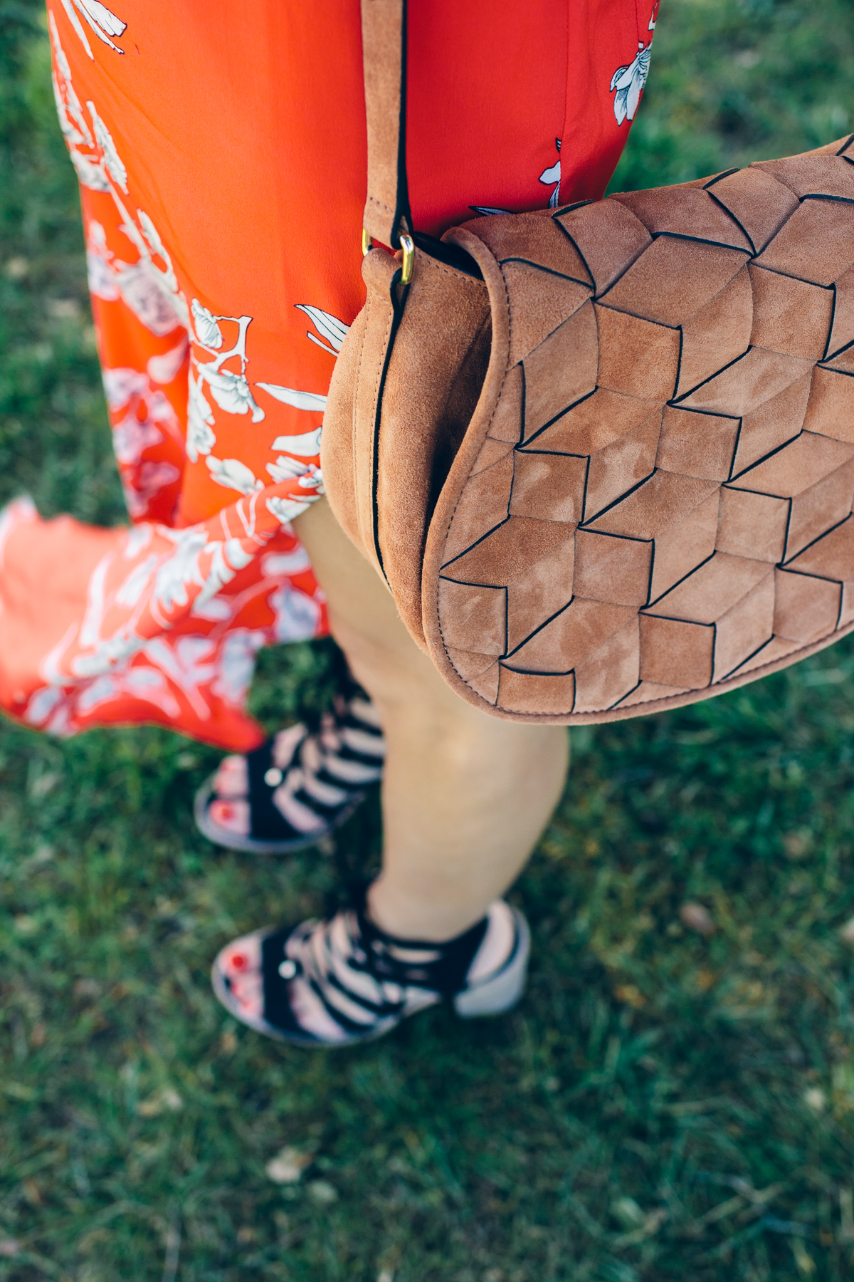 woven suede bag, lace up heels — via @TheFoxandShe