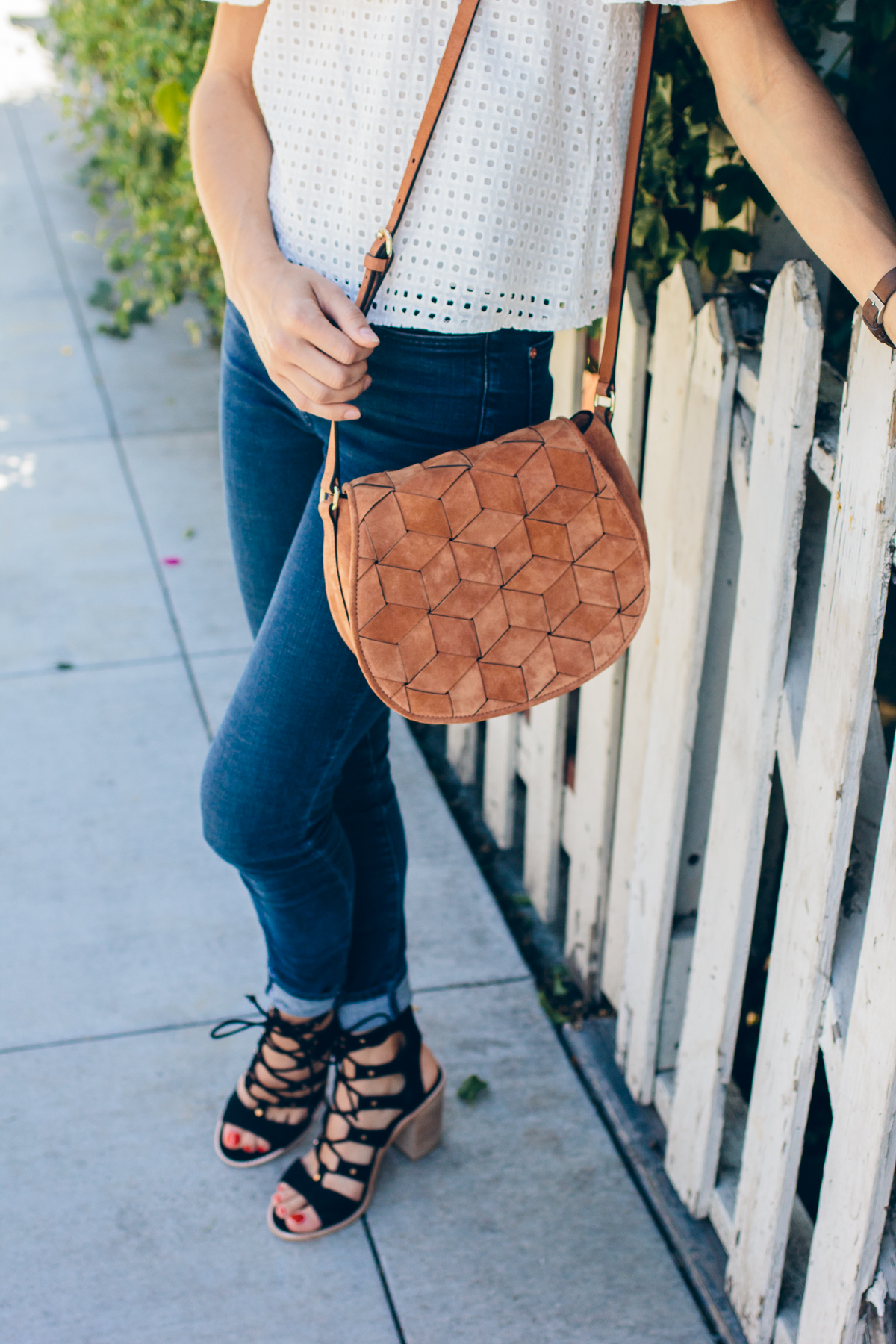 off shoulder top, white shirt and jeans, lace up sandals, welden saddle bag — via @TheFoxandShe
