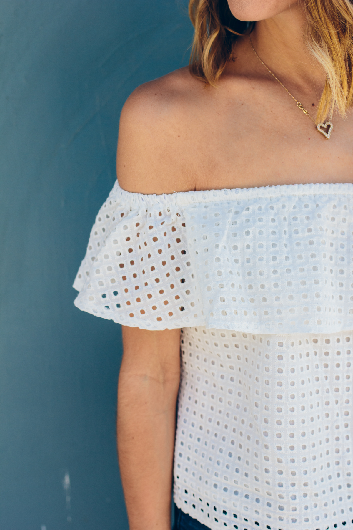off the shoulder top, perforated top — via @TheFoxandShe