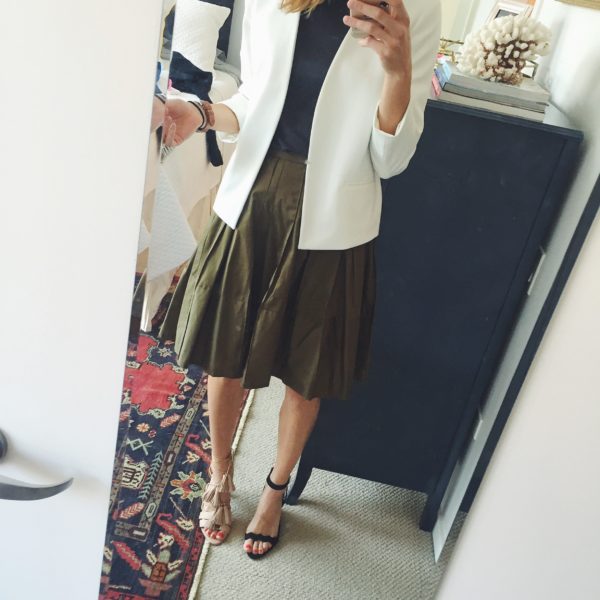 army green skirt and white blazer