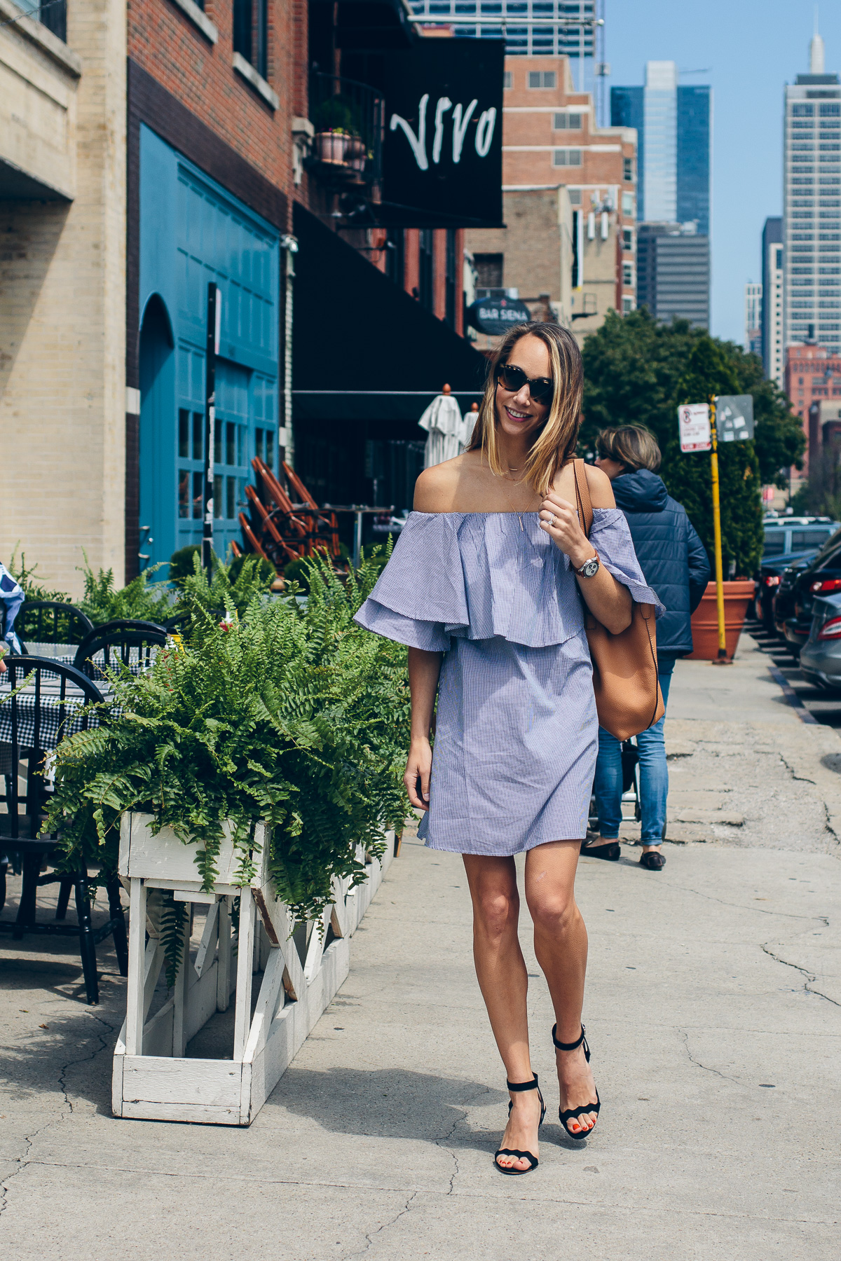 blue off the shoulder dress and piper wedges
