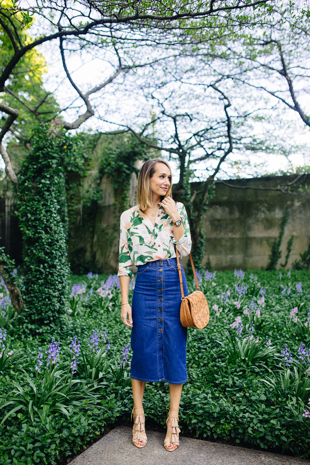 floral shirt, denim midi skirt, tassel sandals