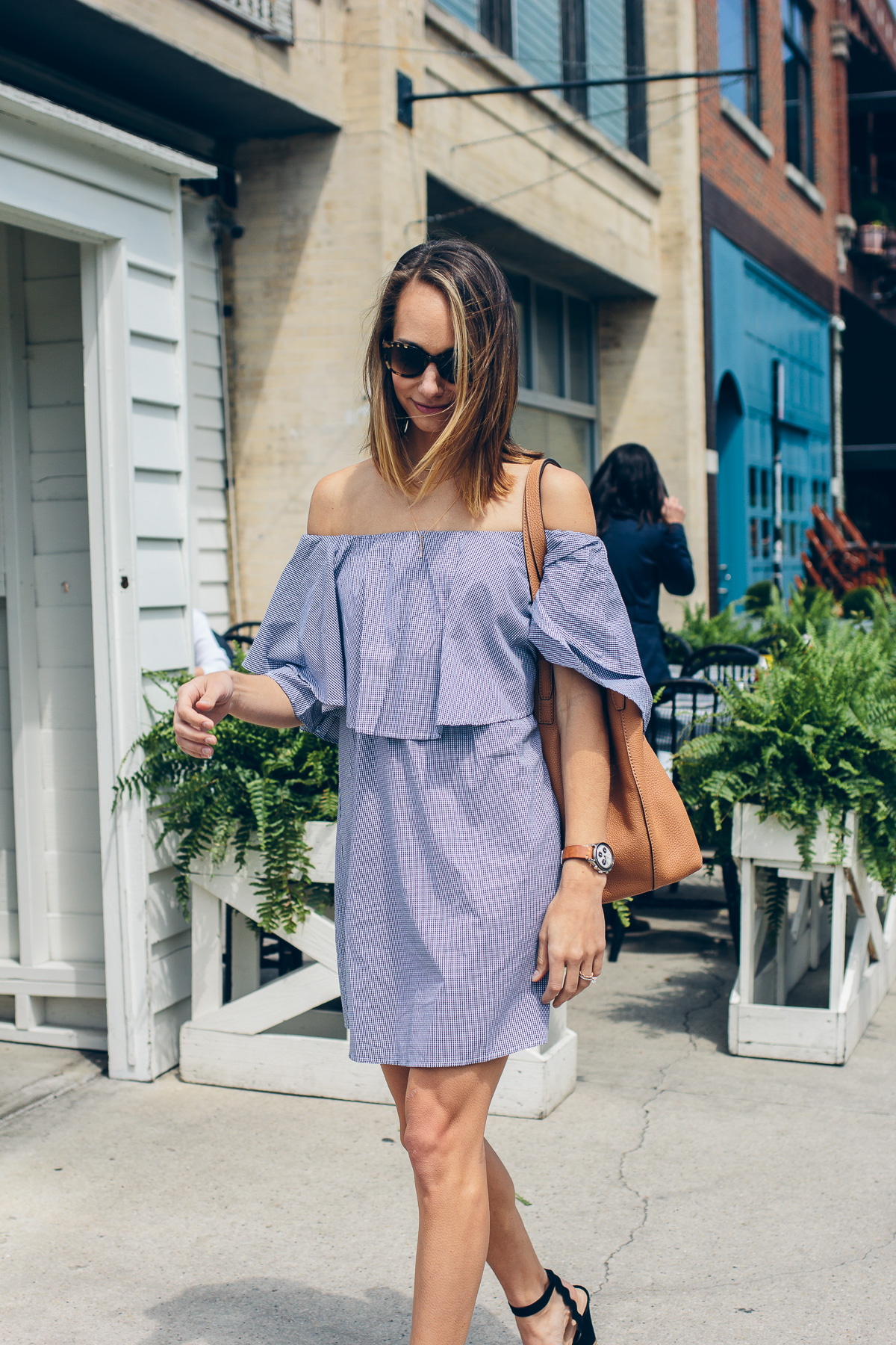 gingham off the shoulder dress