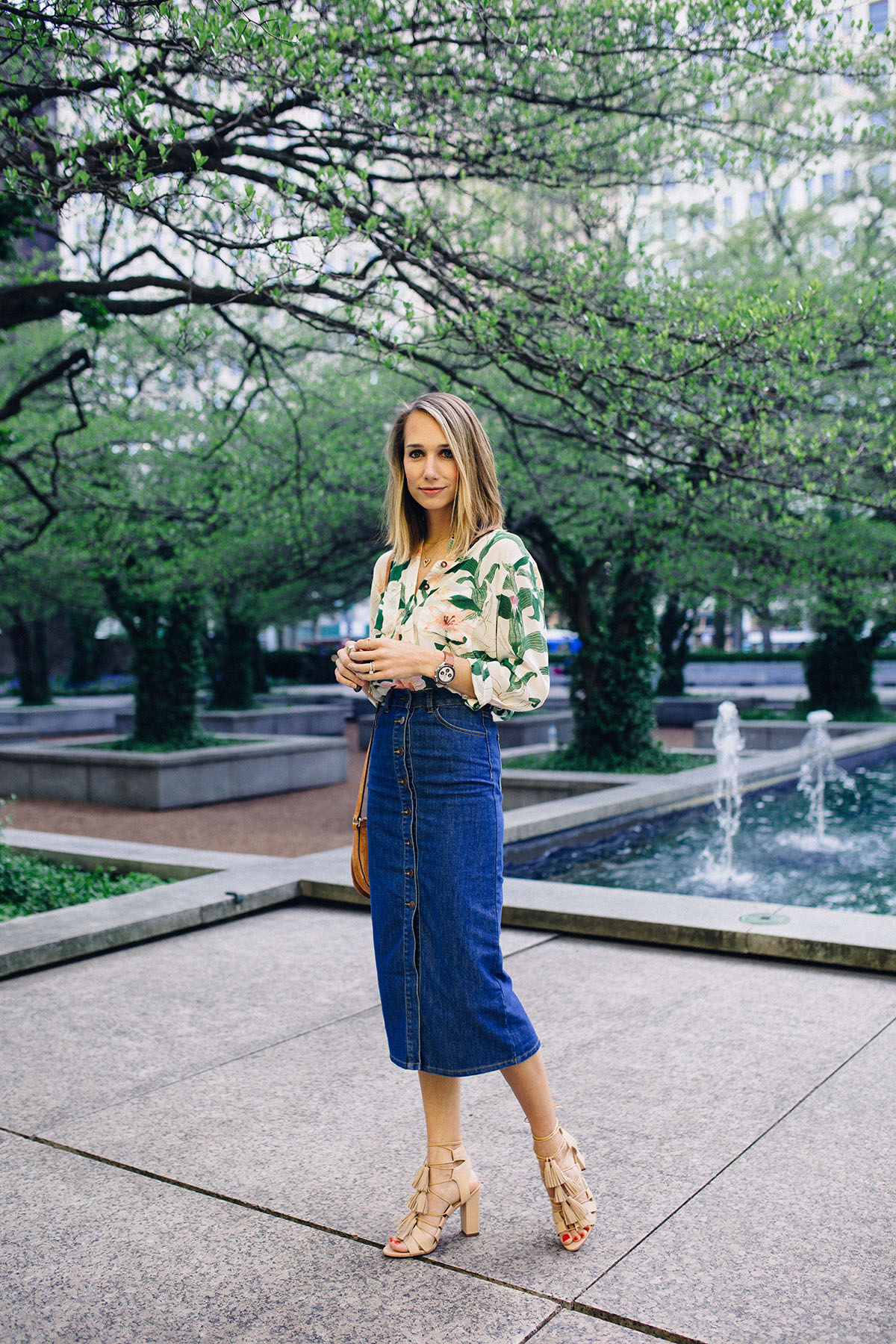 floral shirt, denim midi skirt, tassel sandals