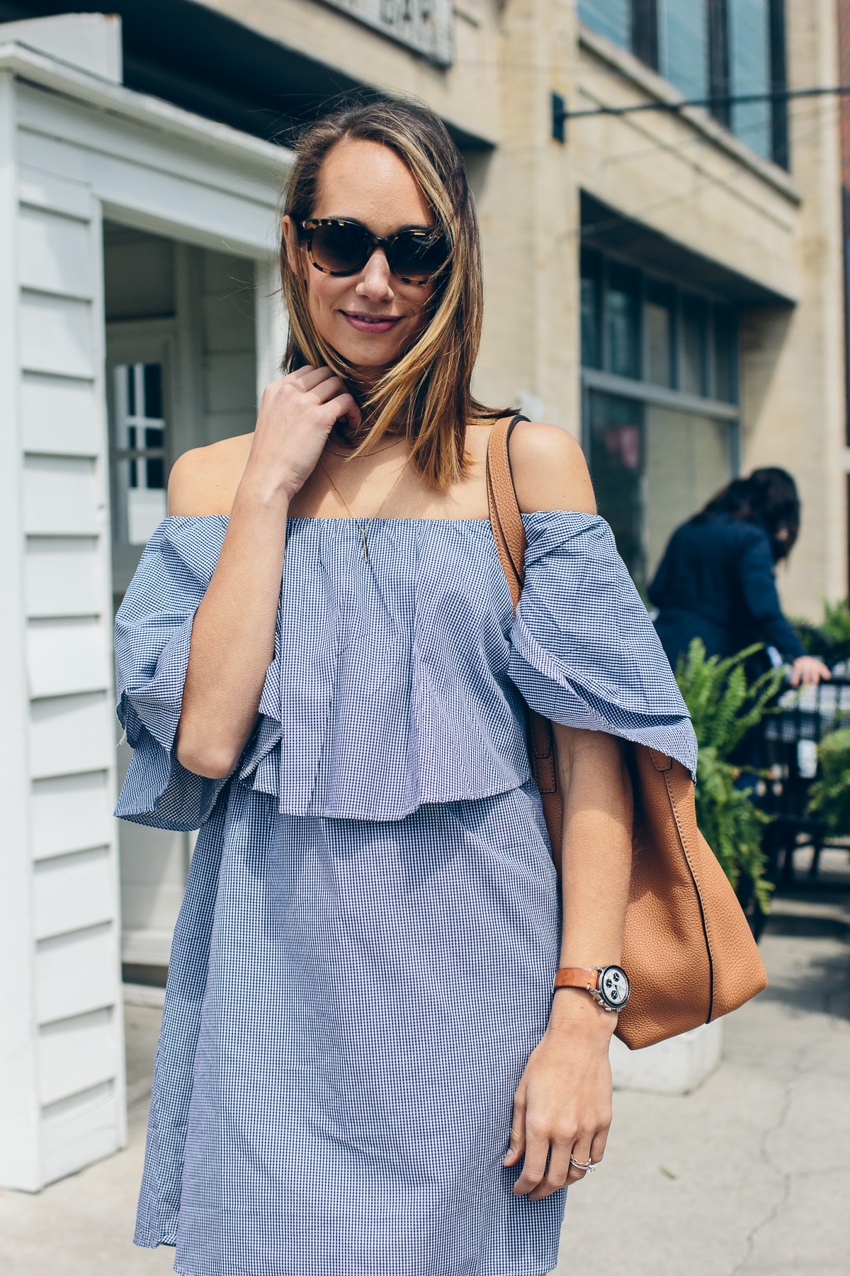 gingham off the shoulder dress