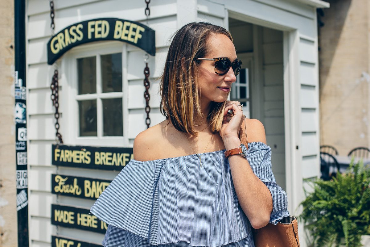 gingham off the shoulder dress