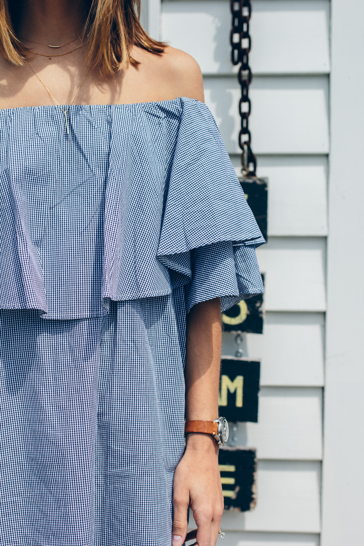 gingham off the shoulder dress