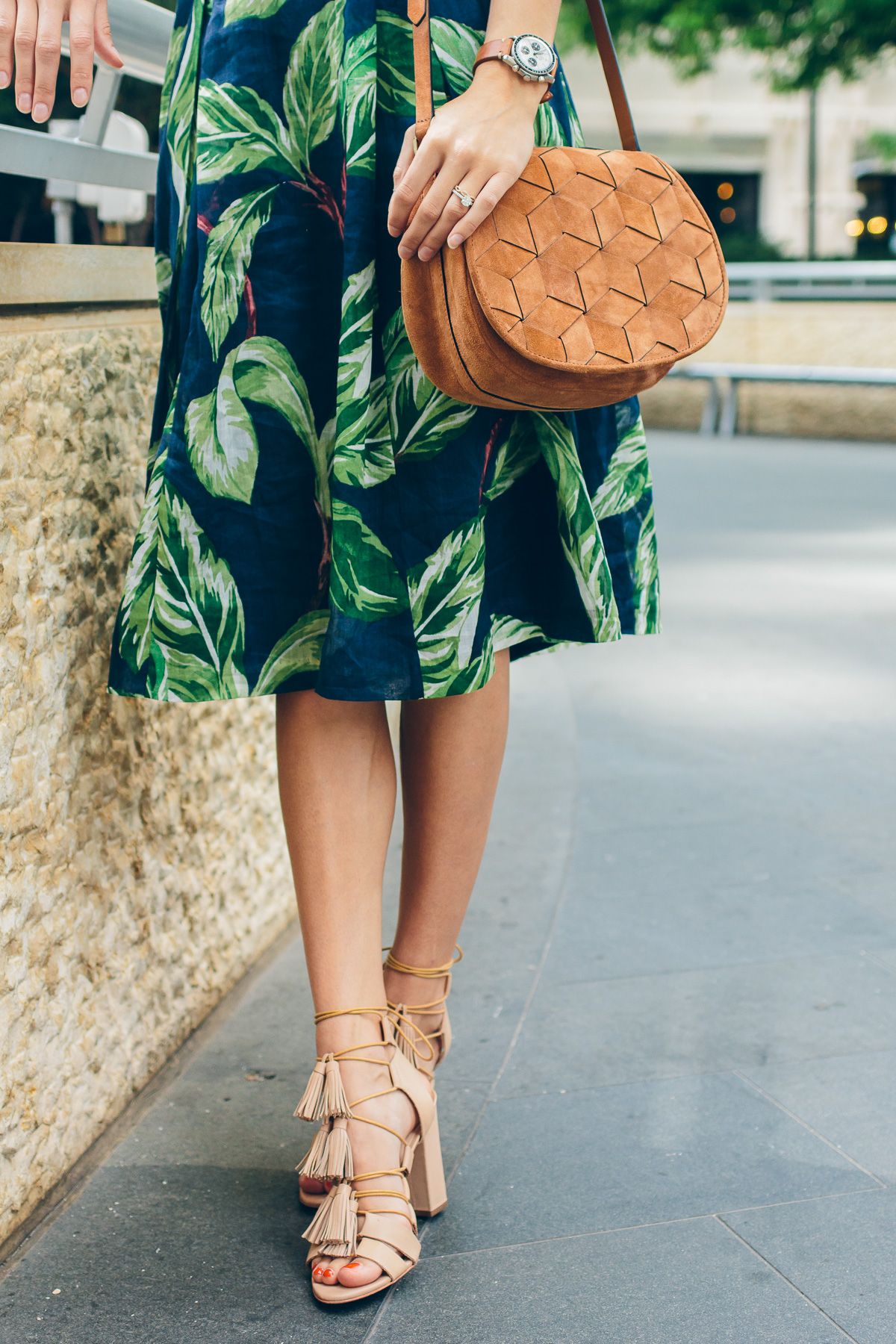 palm print dress and tassel heels