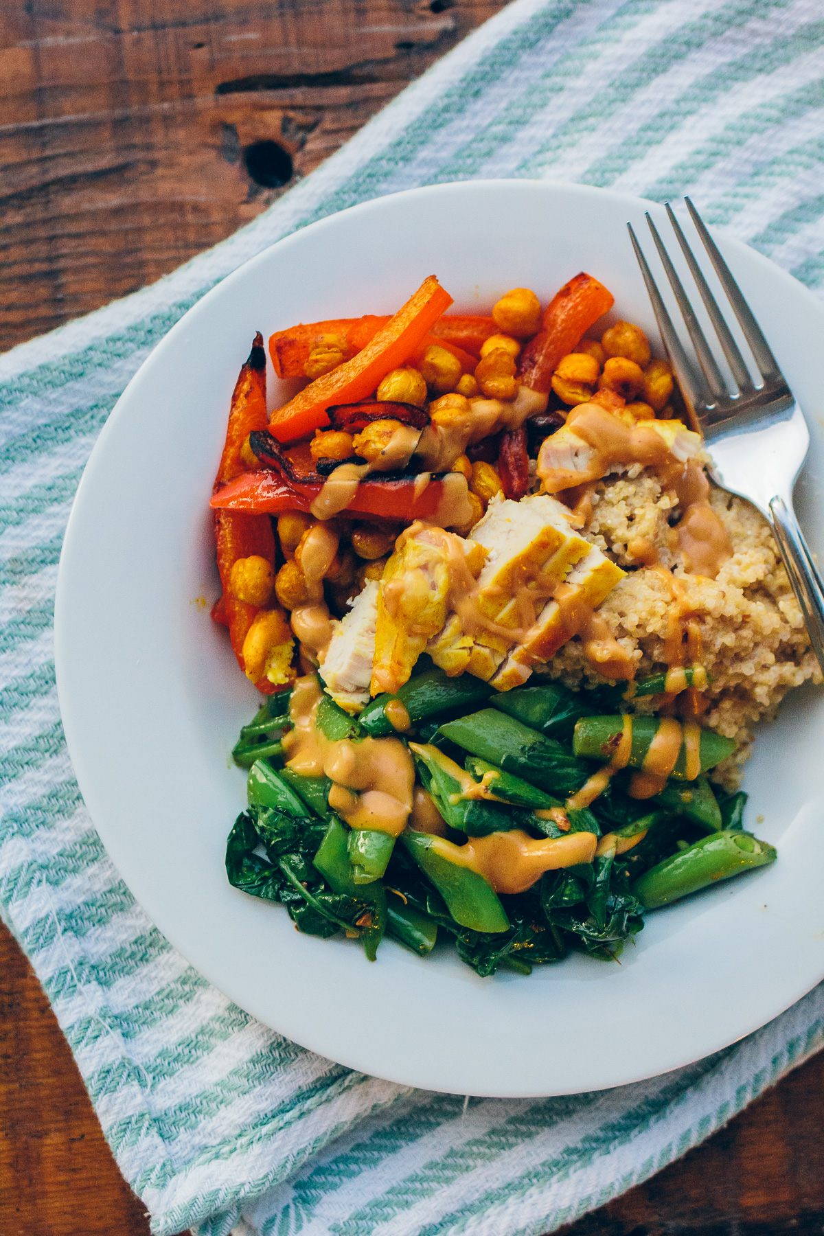 coconut quinoa, roasted chickpeas and peppers and greens