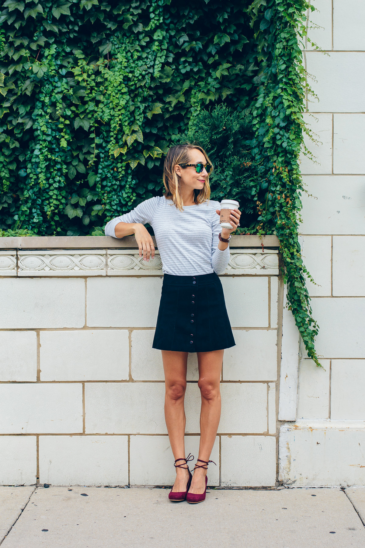 stripe tee and suede skirt