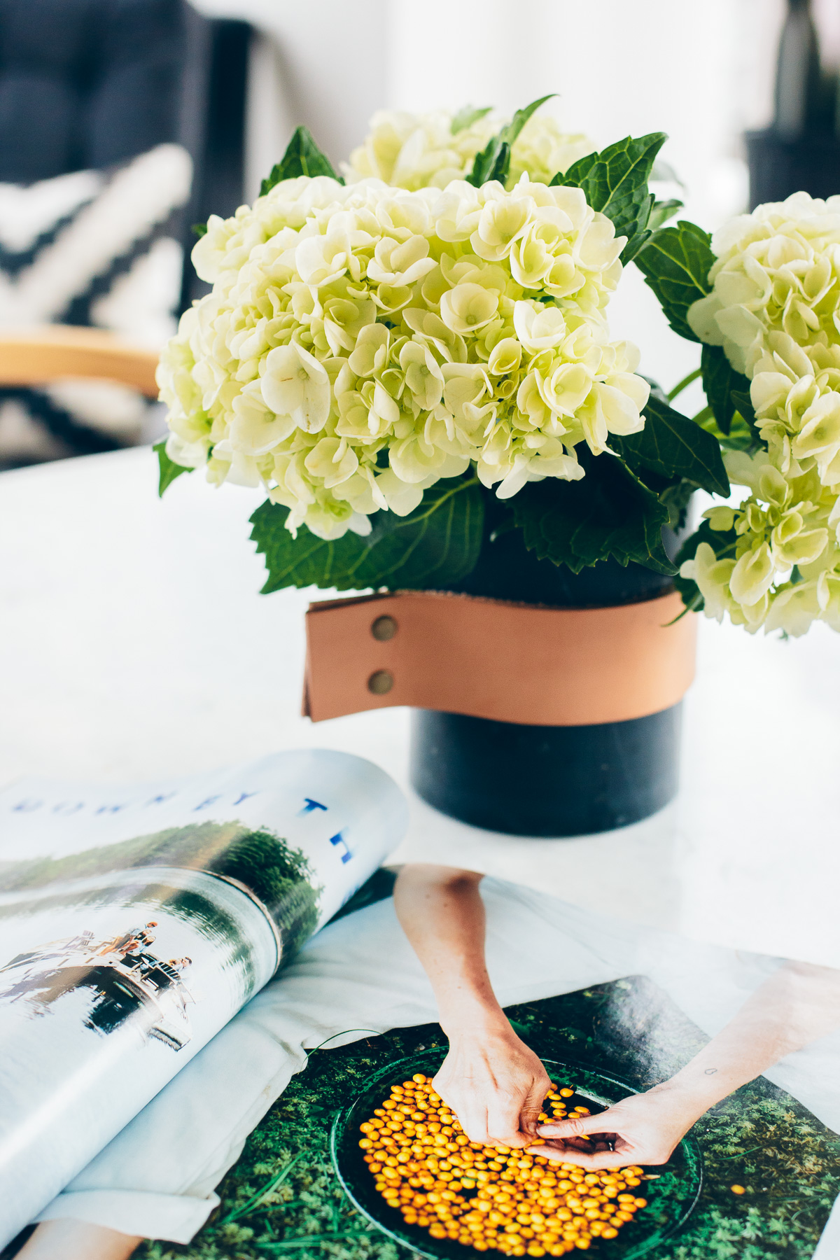 marble and leather vase