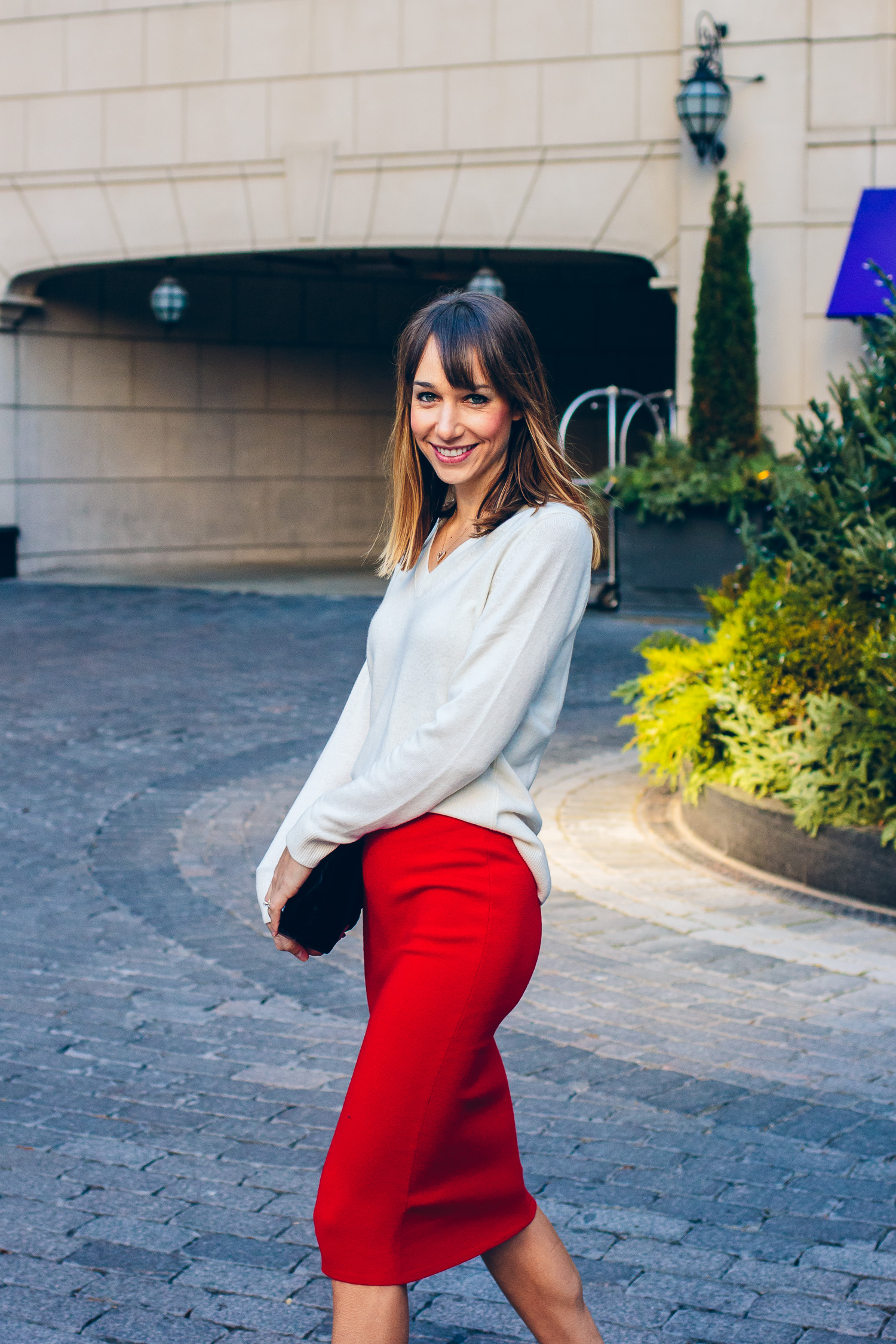 cashmere sweater and red pencil skirt