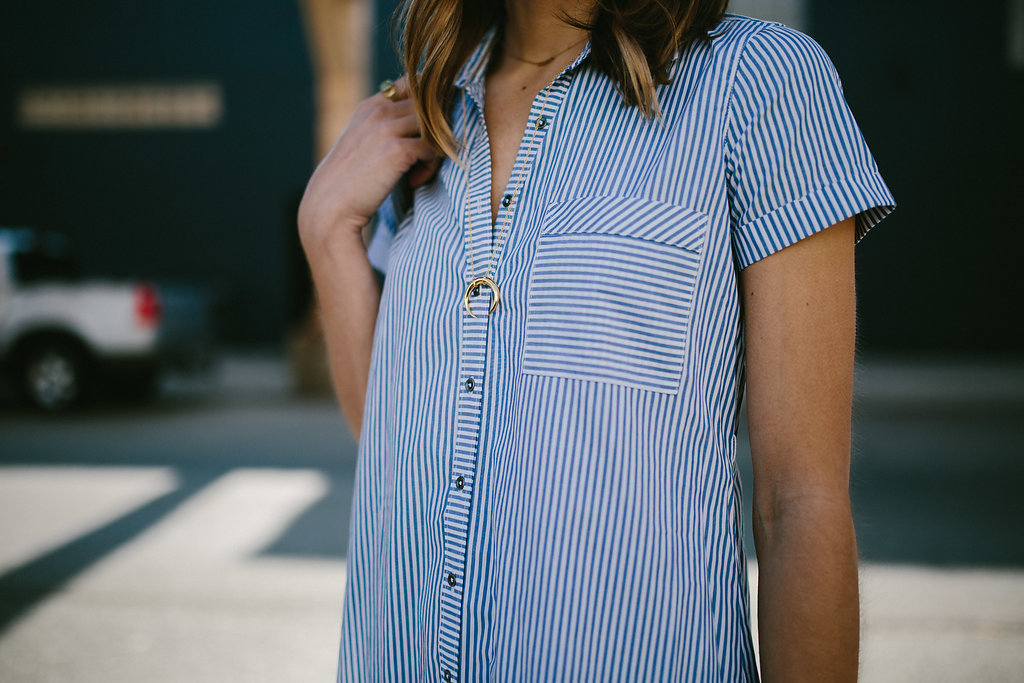 stripe dress with crescent necklace