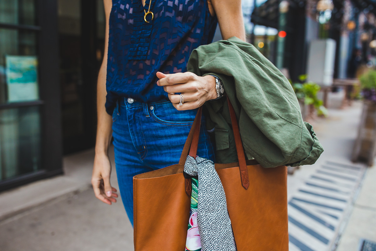 anorak and leather tote