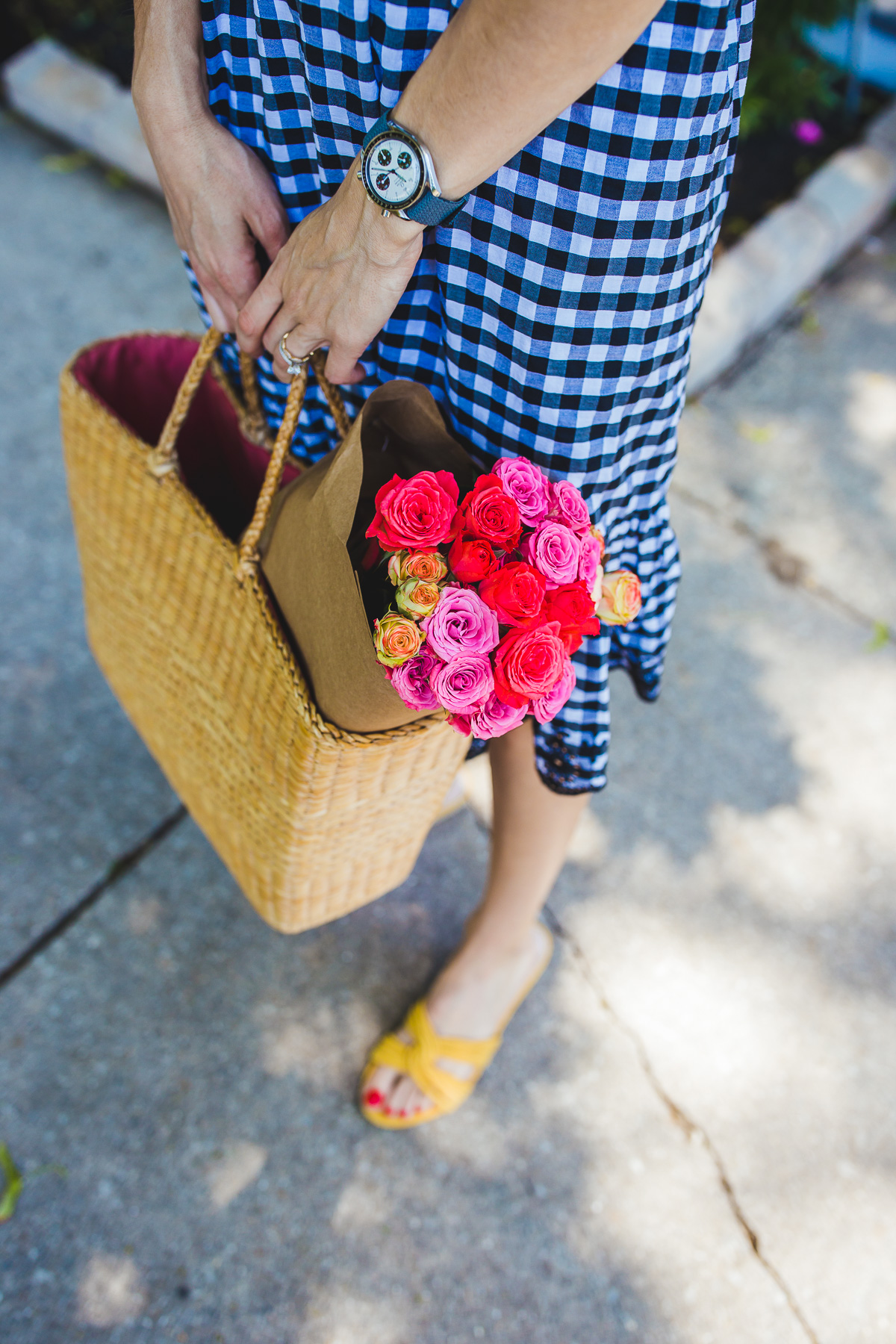 straw tote with farmers market roses