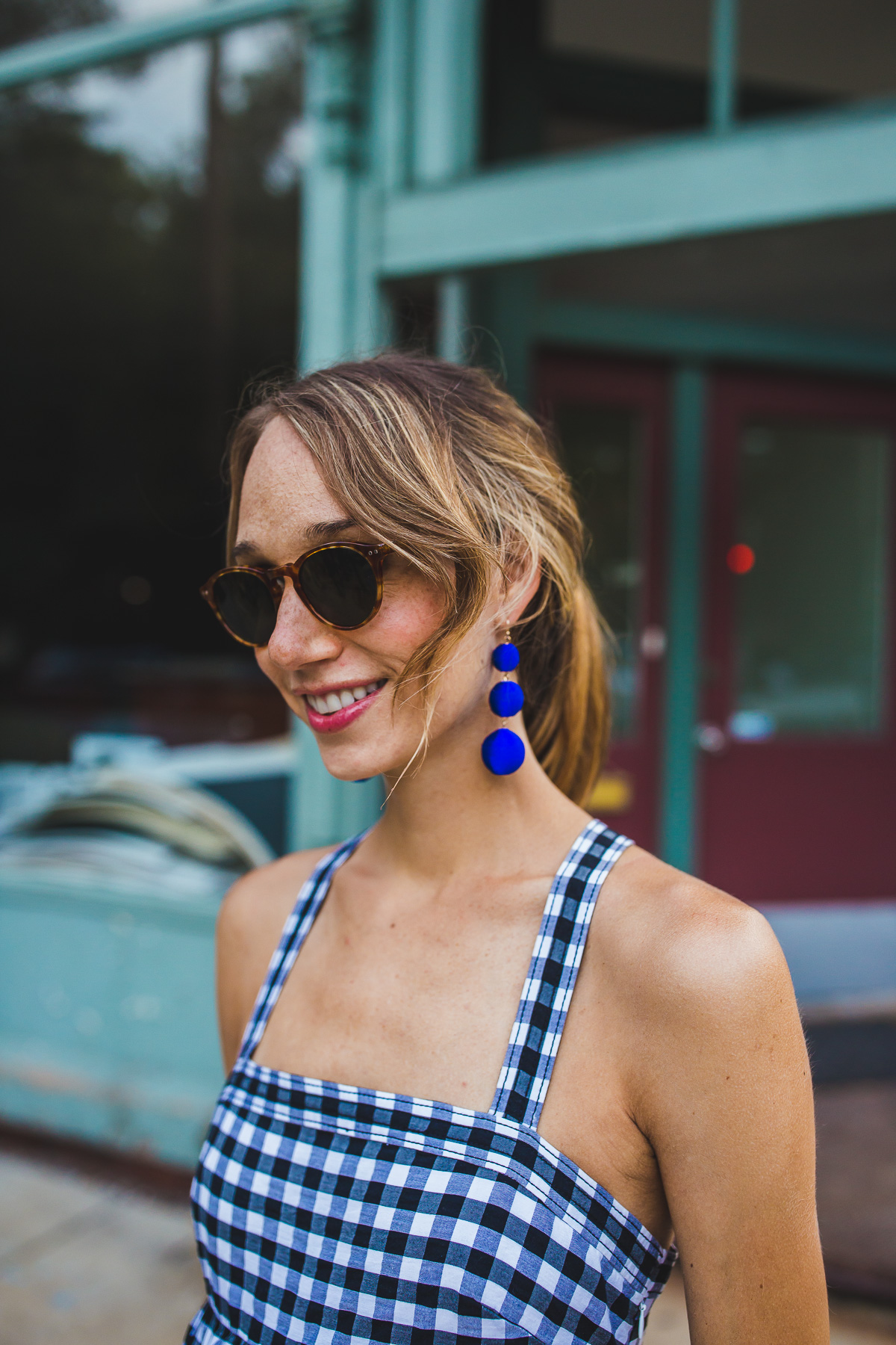 bobble earrings and gingham dress