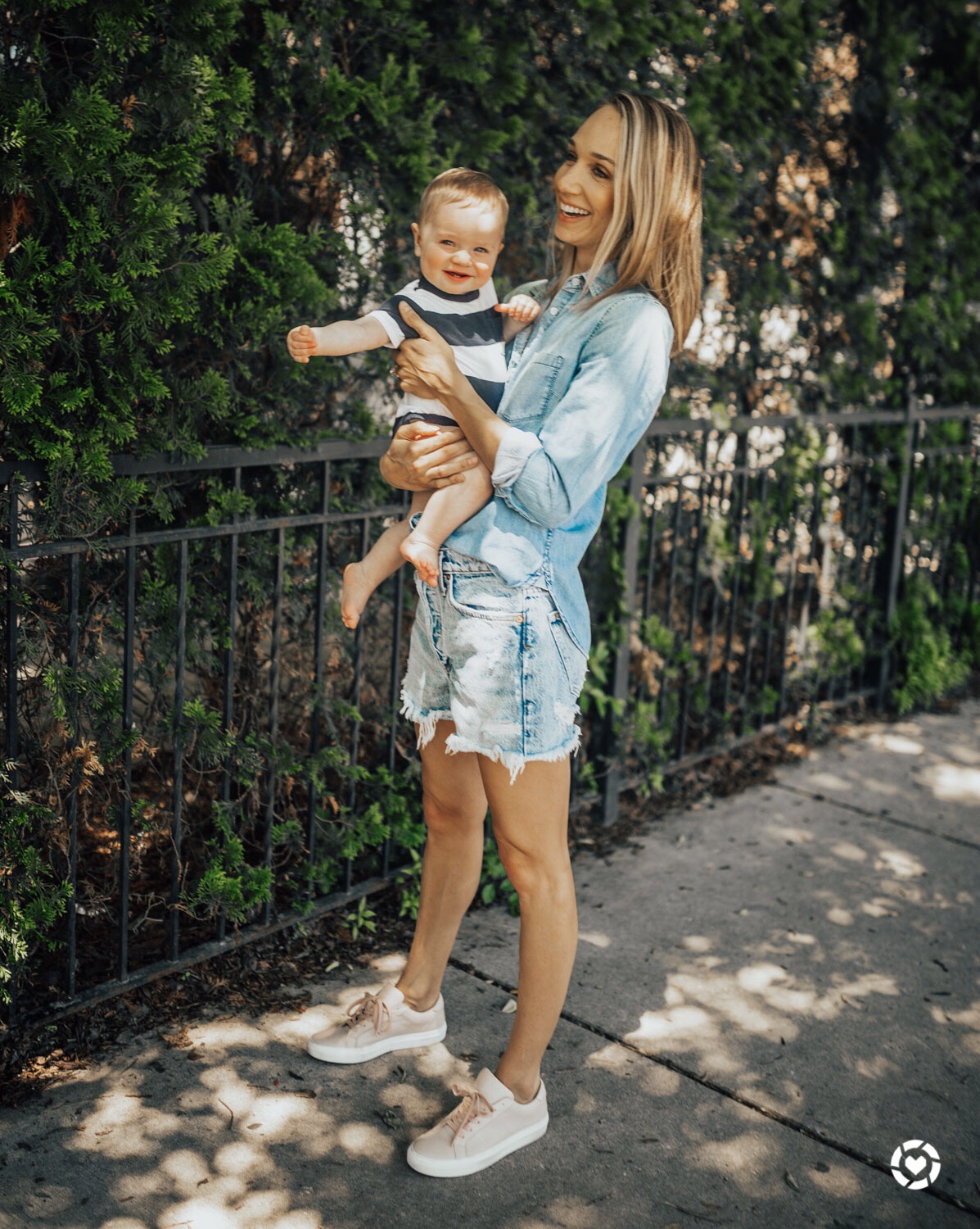 Chambray Shirt | Denim Shorts | Pink Sneakers | Baby Bodysuit
