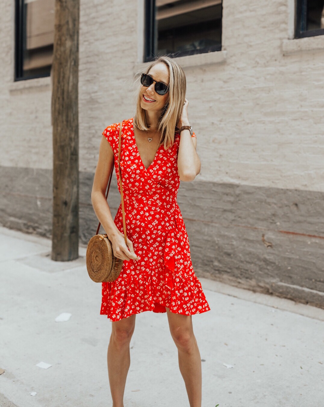 Faux Wrap Mini Dress | Straw Circle Bag | Converse Sneakers | Sunglasses