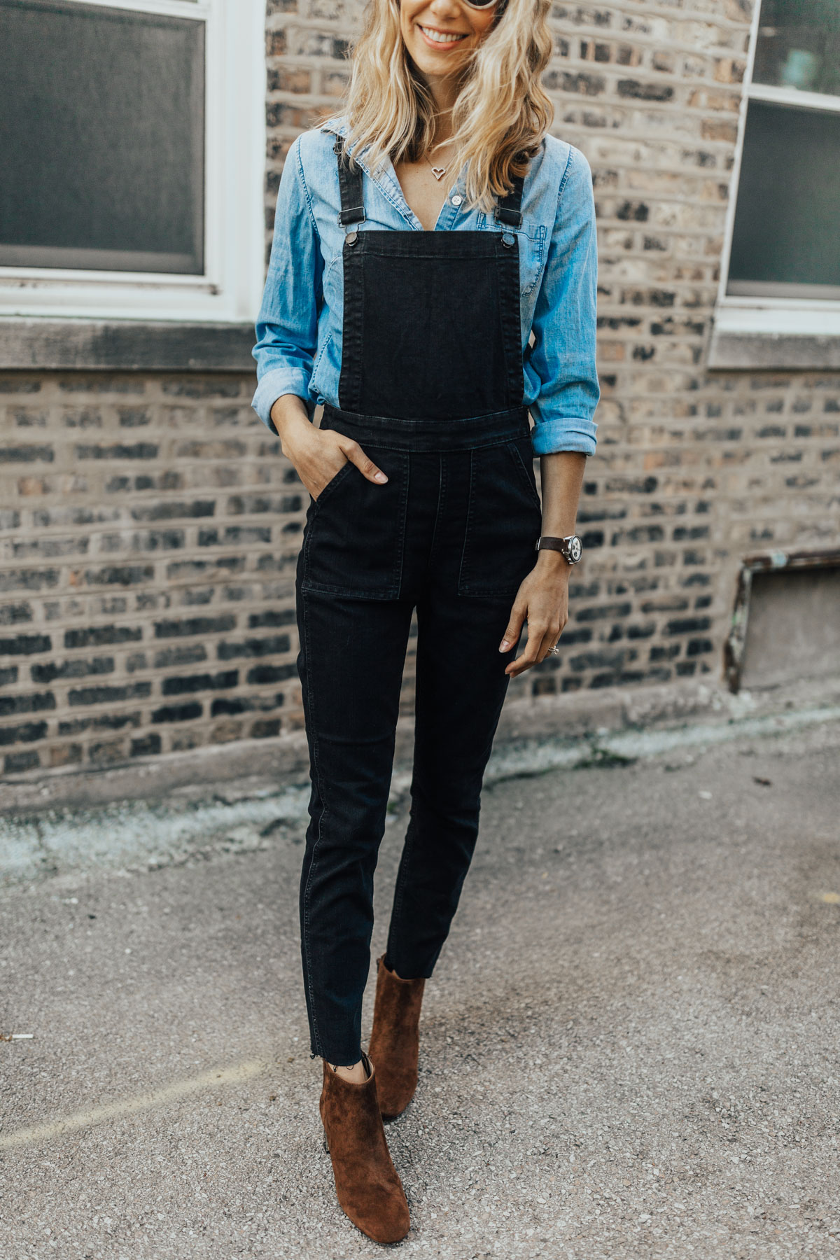 overalls and a chambray shirt