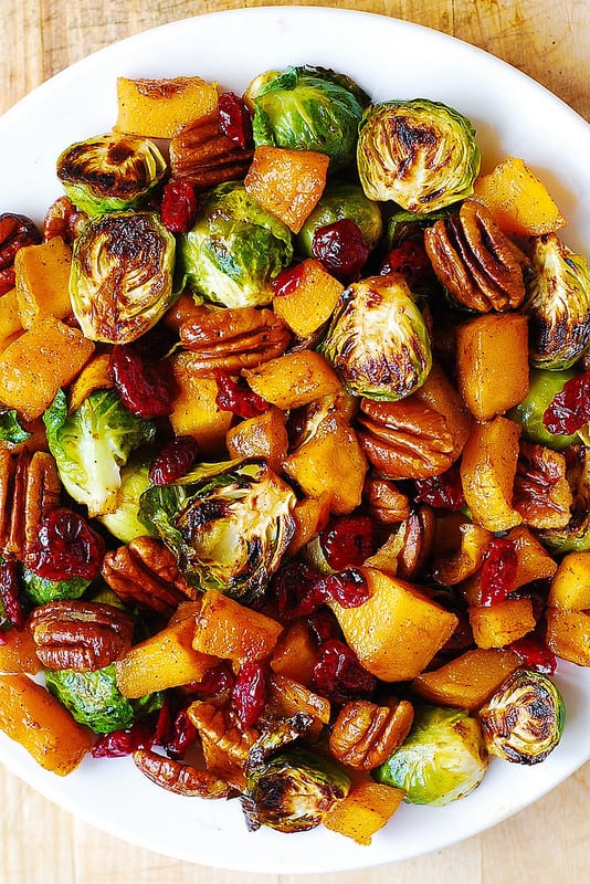 Roasted Brussel Sprouts, Cinnamon Butternut Squash, Pecans & Cranberries | 15 healthy thanksgiving recipes