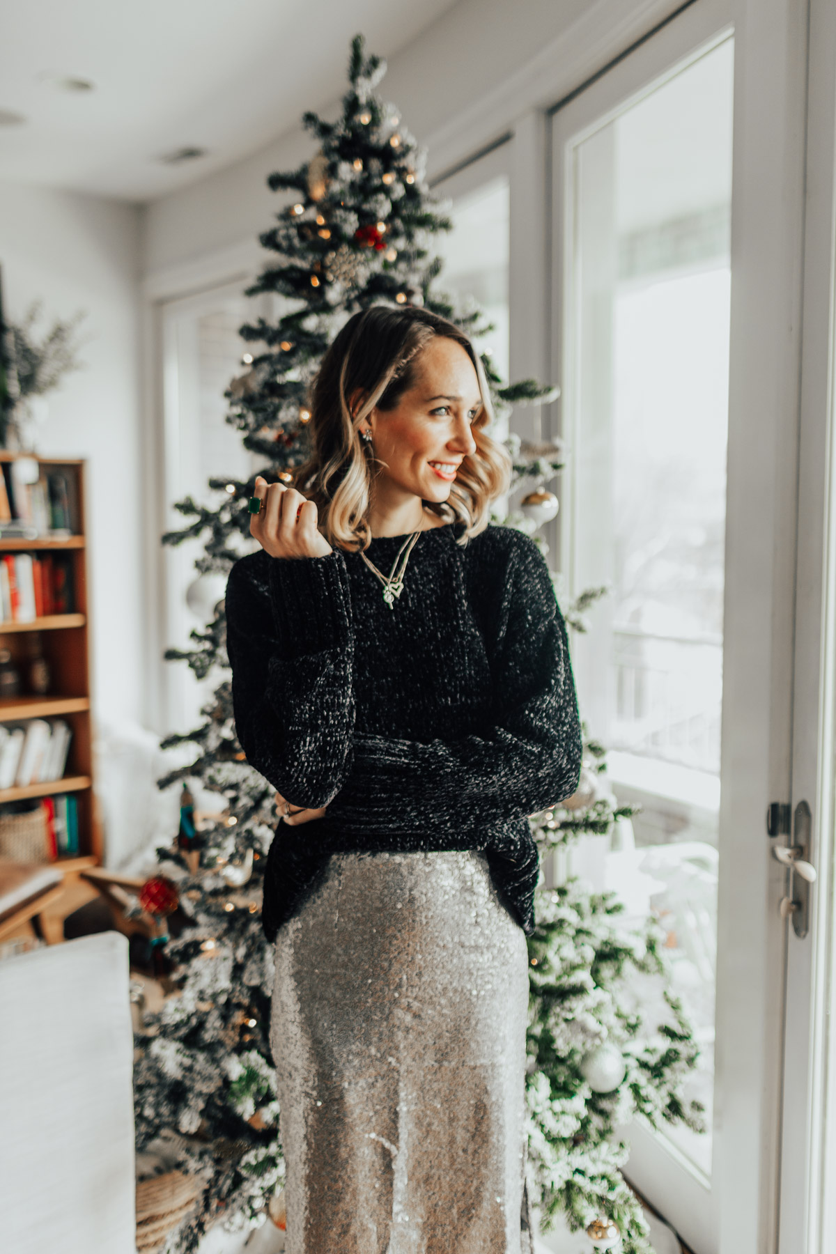 chenille sweater and sequin skirt outfit