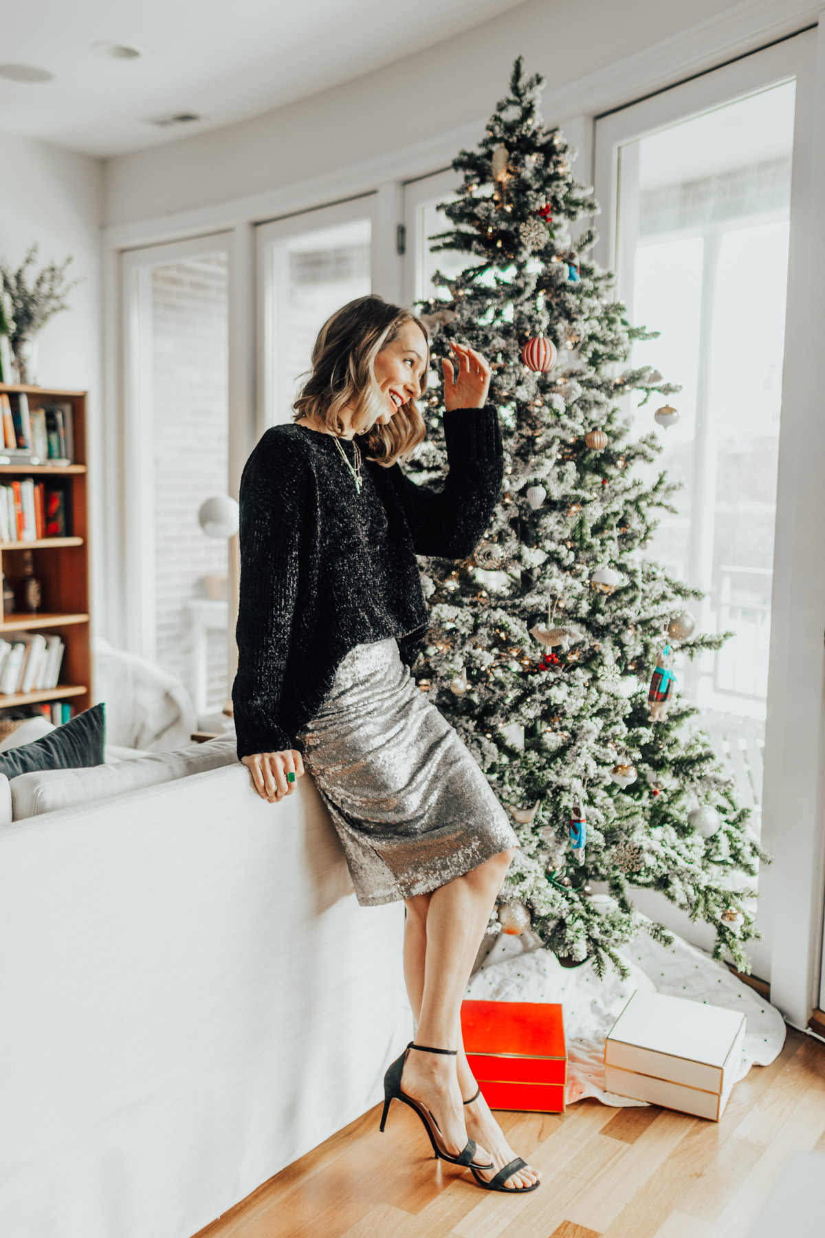 holiday party outfit sequin skirt