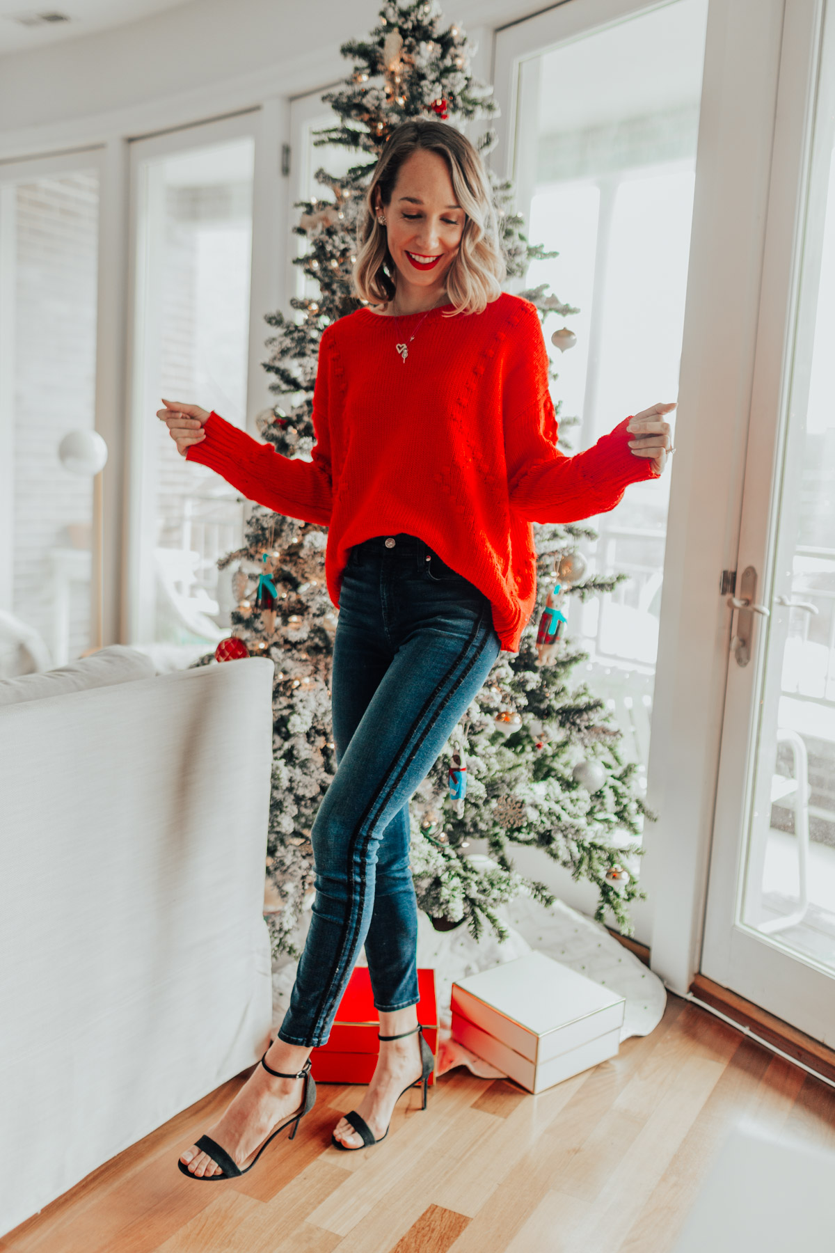 red sweater outfit for Christmas