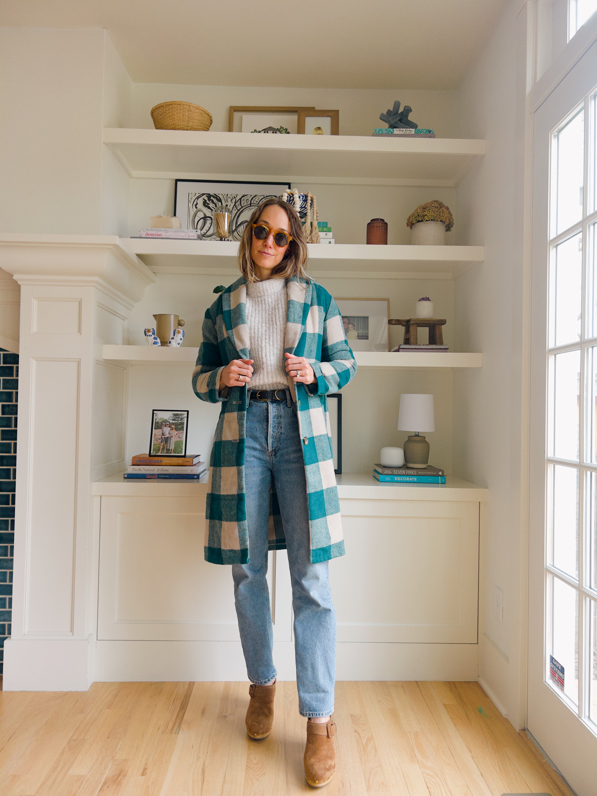 straight leg jeans with green plaid coat
