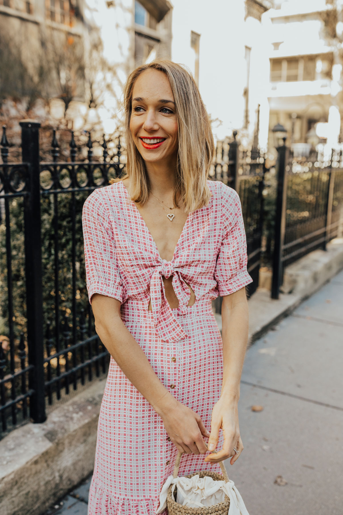 pink tie front dress