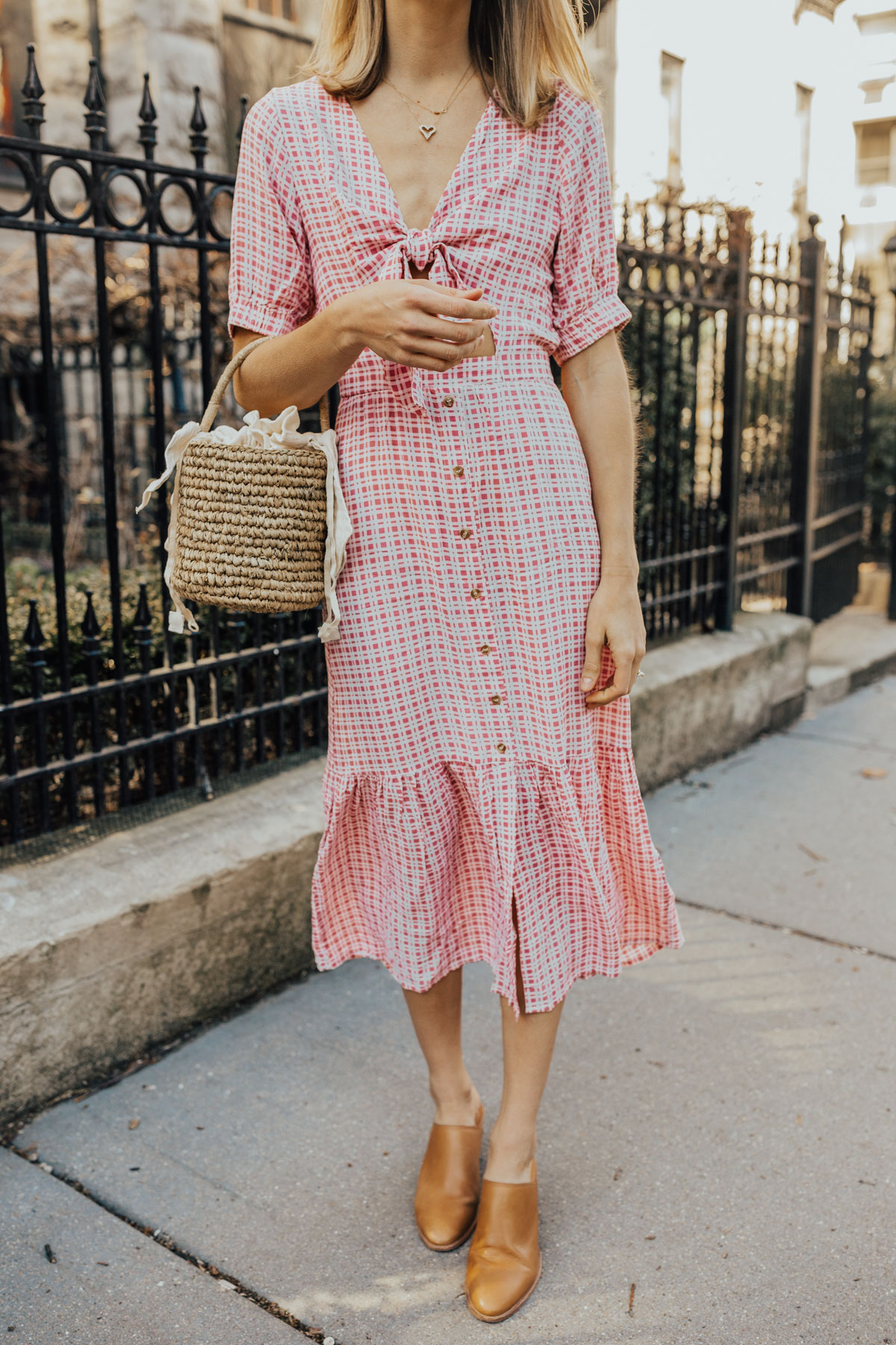 pink gingham midi dress