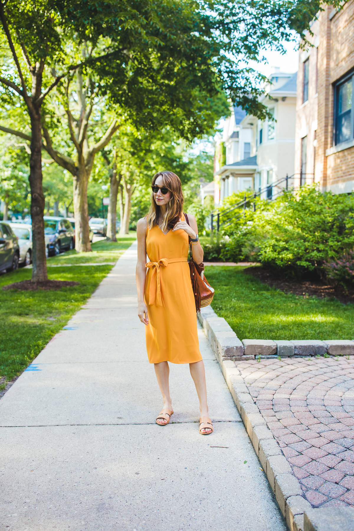 Midi Dress and  Flat Sandals Outfit